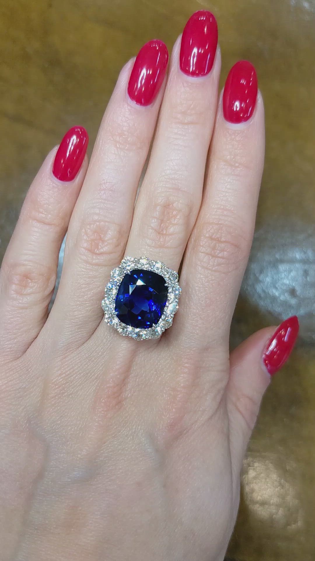 12.04 Ct. Blue Sapphire and Natural Diamond Halo Ring, Platinum 950 Size Video