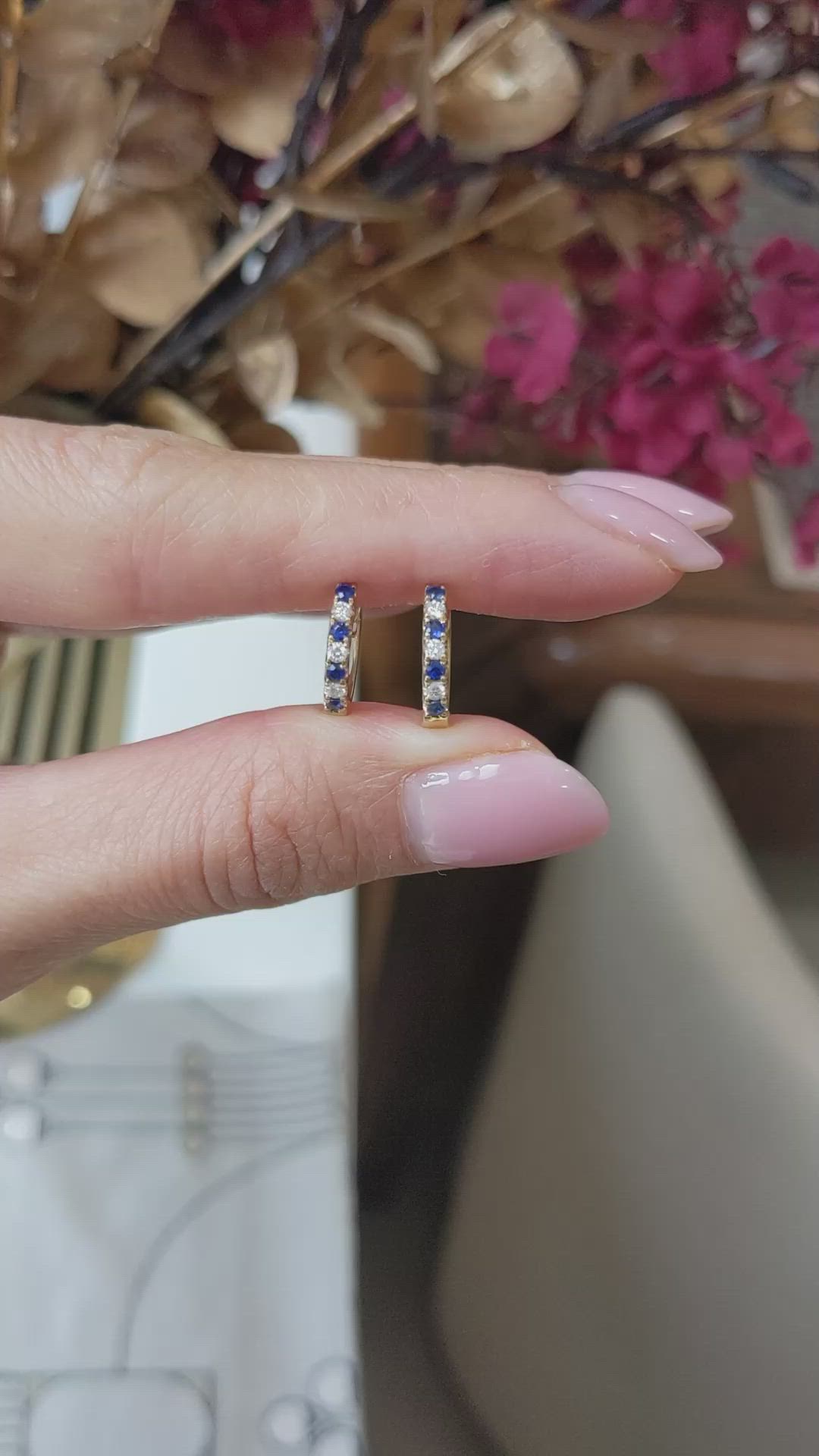 0.20 Ct.Tw.Total Carat Weight Blue Sapphire and Natural Diamond Pave Earrings, 14K Yellow Gold Size Video