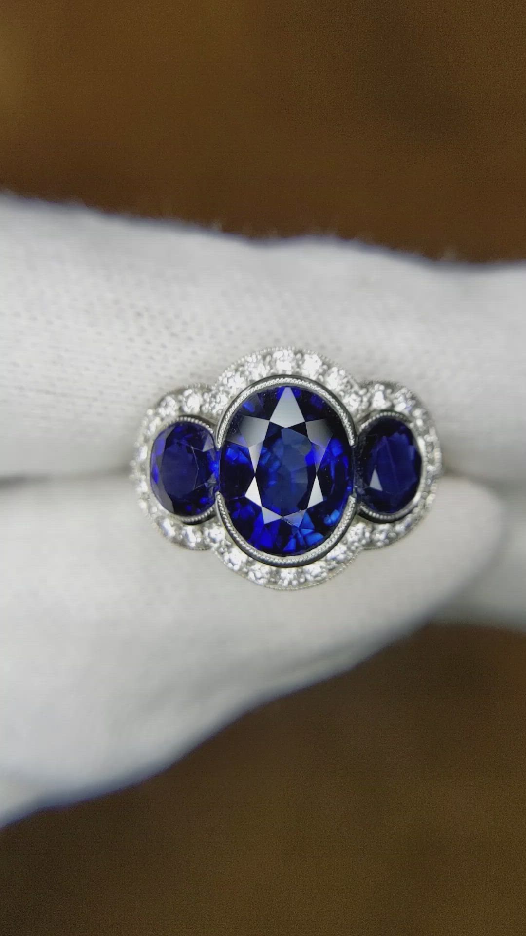 3.32 Ct. Blue Sapphire and Natural Diamond Three Stone Ring, Platinum 950 Size Video
