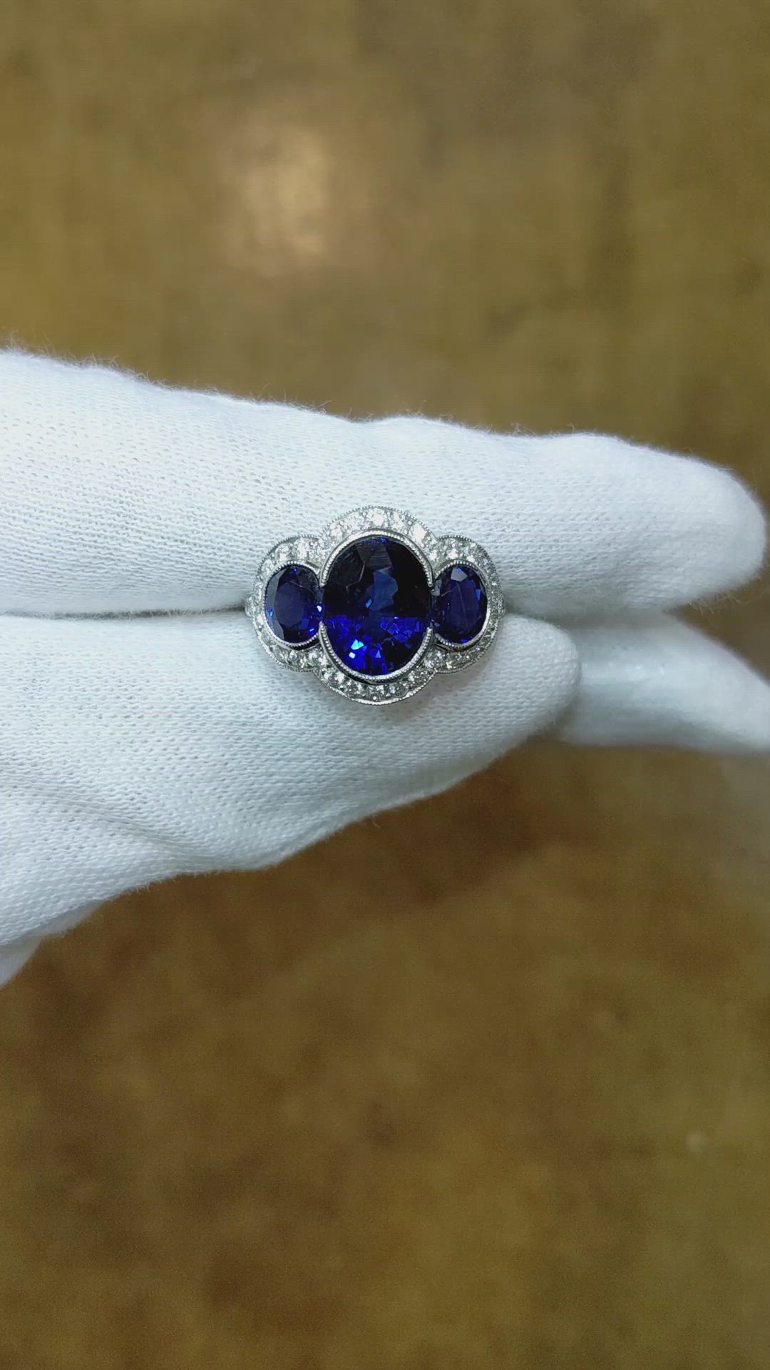3.32 Ct. Blue Sapphire and Natural Diamond Three Stone Ring, Platinum 950 Size Video