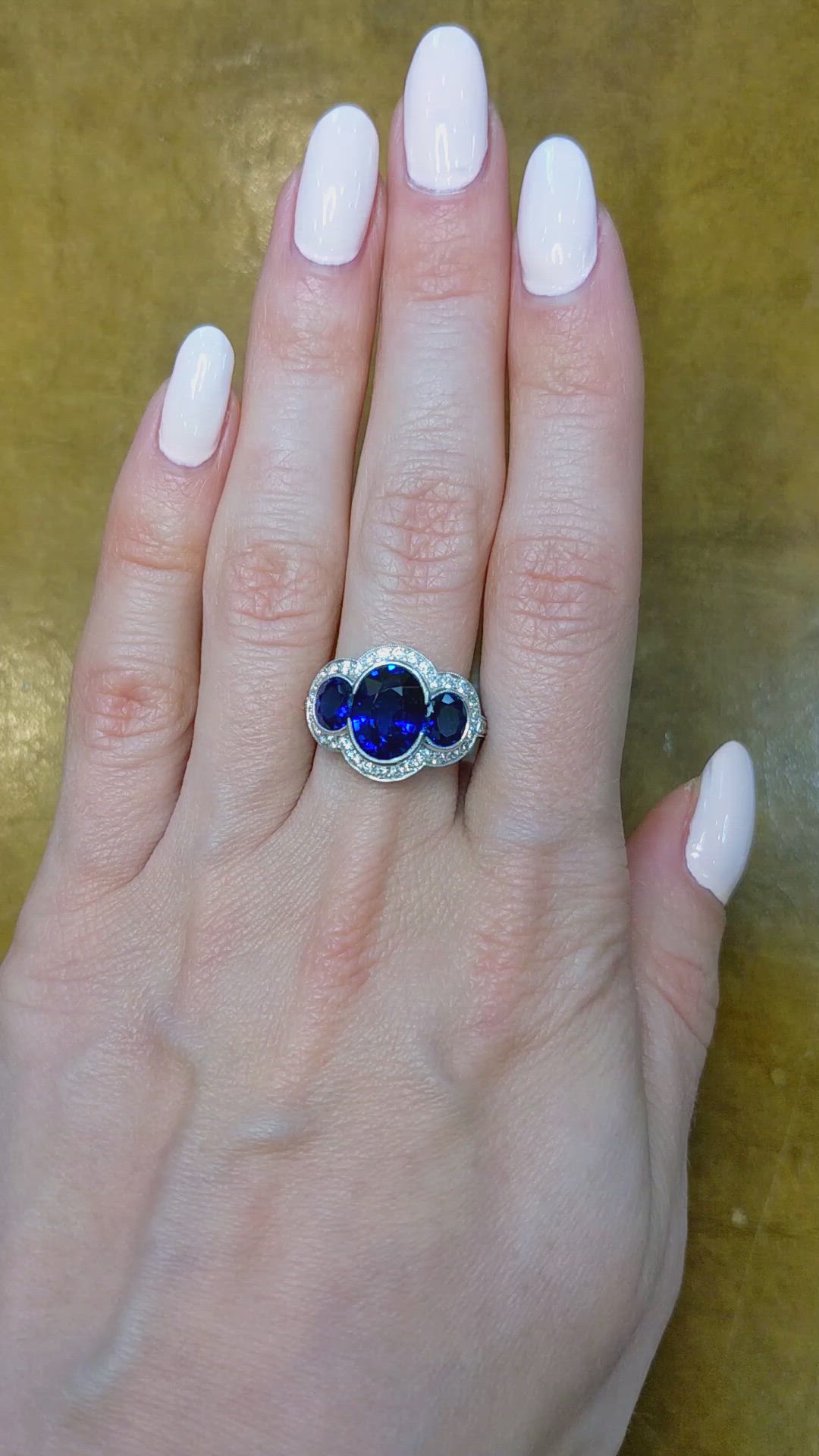 3.32 Ct. Blue Sapphire and Natural Diamond Three Stone Ring, Platinum 950 Size Video