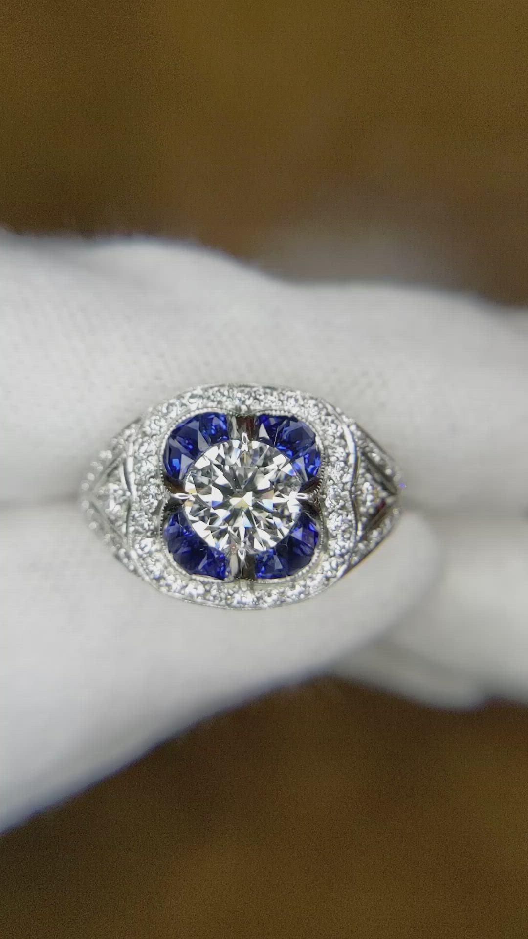 1.43 Ct. Blue Sapphire and Natural Diamond Antique Style Ring, Platinum 950 Size Video
