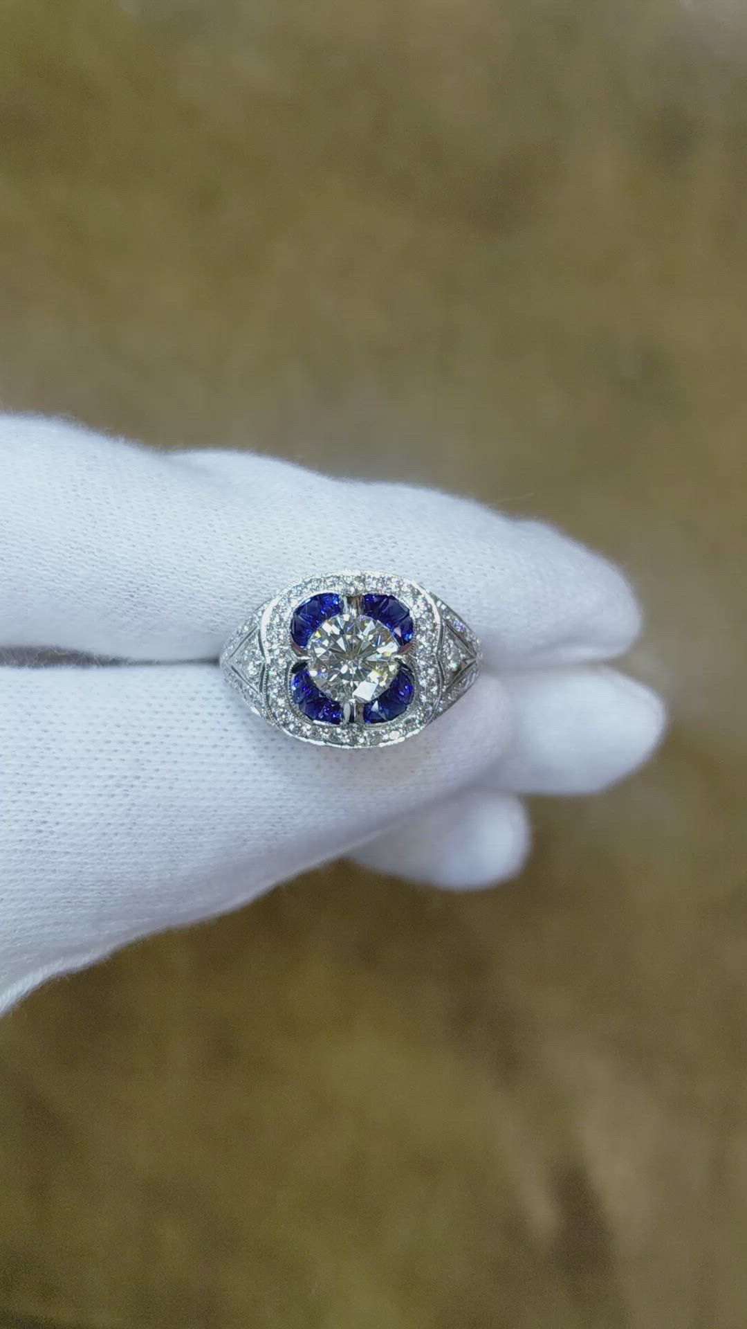 1.43 Ct. Blue Sapphire and Natural Diamond Antique Style Ring, Platinum 950 Size Video