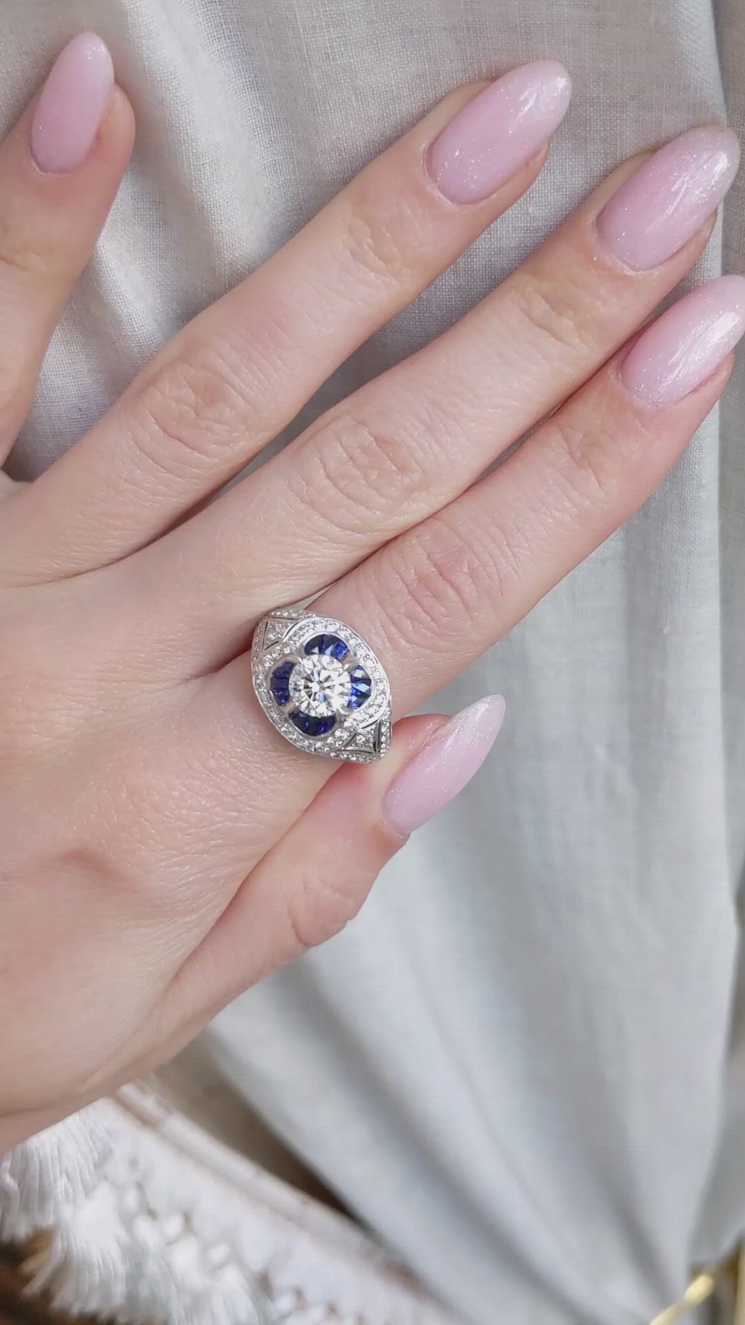 1.43 Ct. Blue Sapphire and Natural Diamond Antique Style Ring, Platinum 950 Size Video