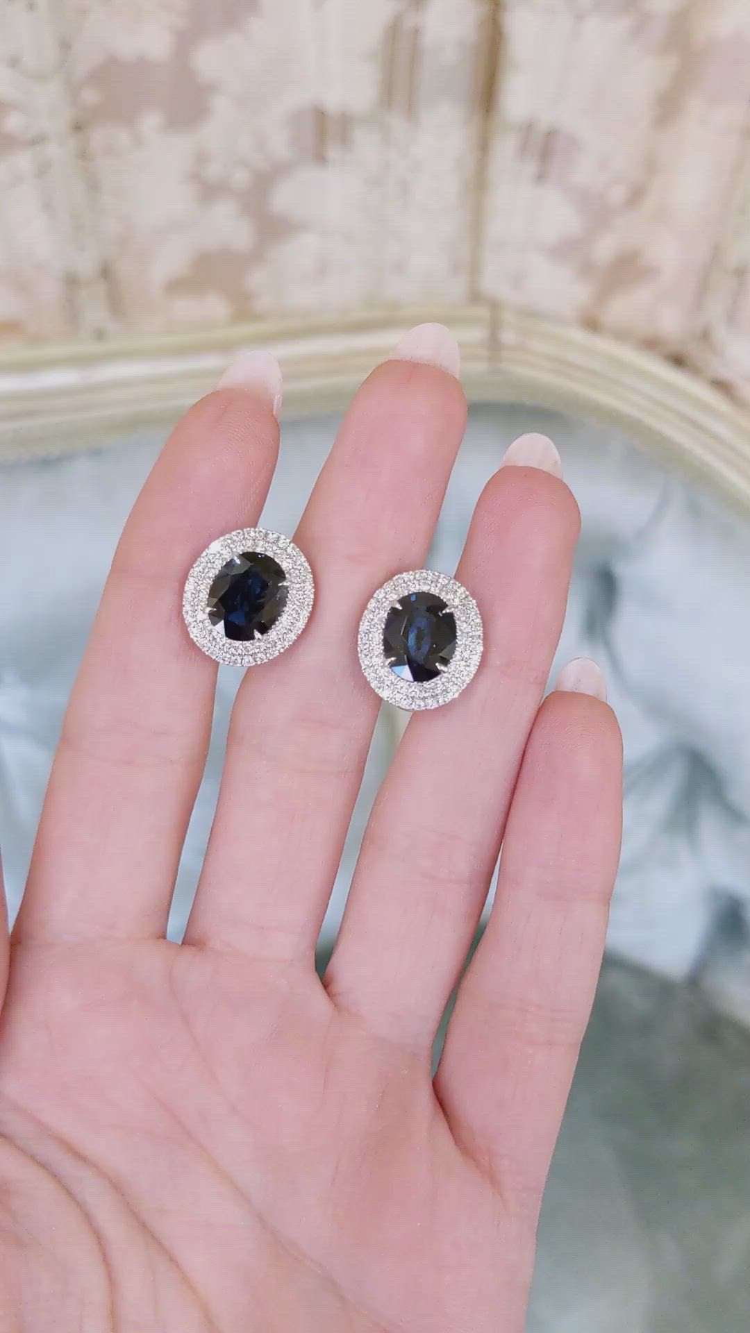 6.51 Ct.Tw. Blue Sapphire and Natural Diamond Pave Earrings, 18K White Gold Size Video