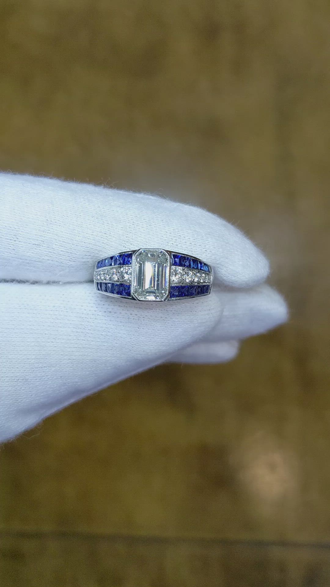 1.34 Ct. Blue Sapphire and Natural Diamond Antique Style Ring, Platinum 950 Size Video