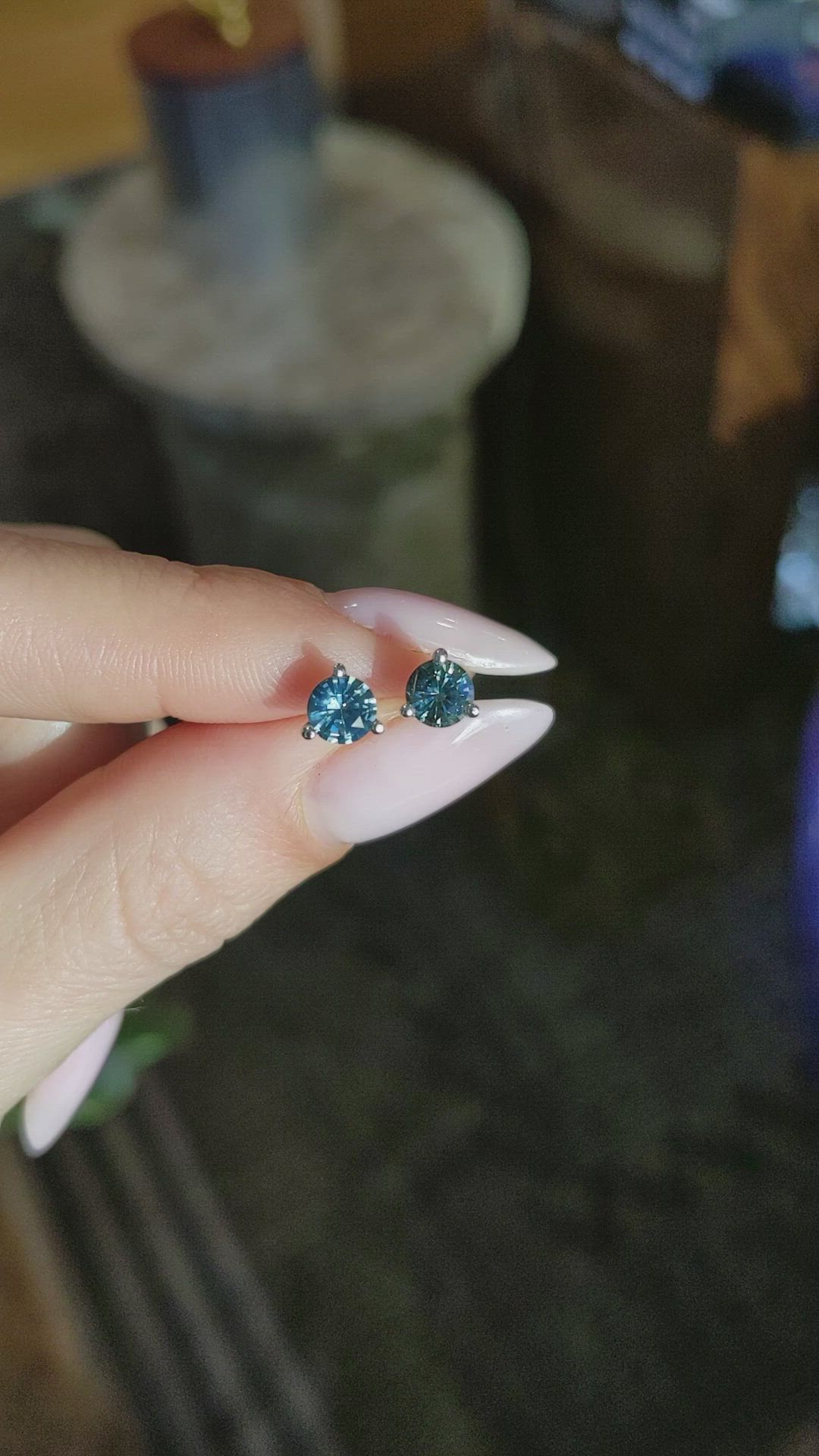 1.00 Ct.Tw.Total Carat Weight Greenish Blue Sapphire Studs Earrings, 14K White Gold Size Video