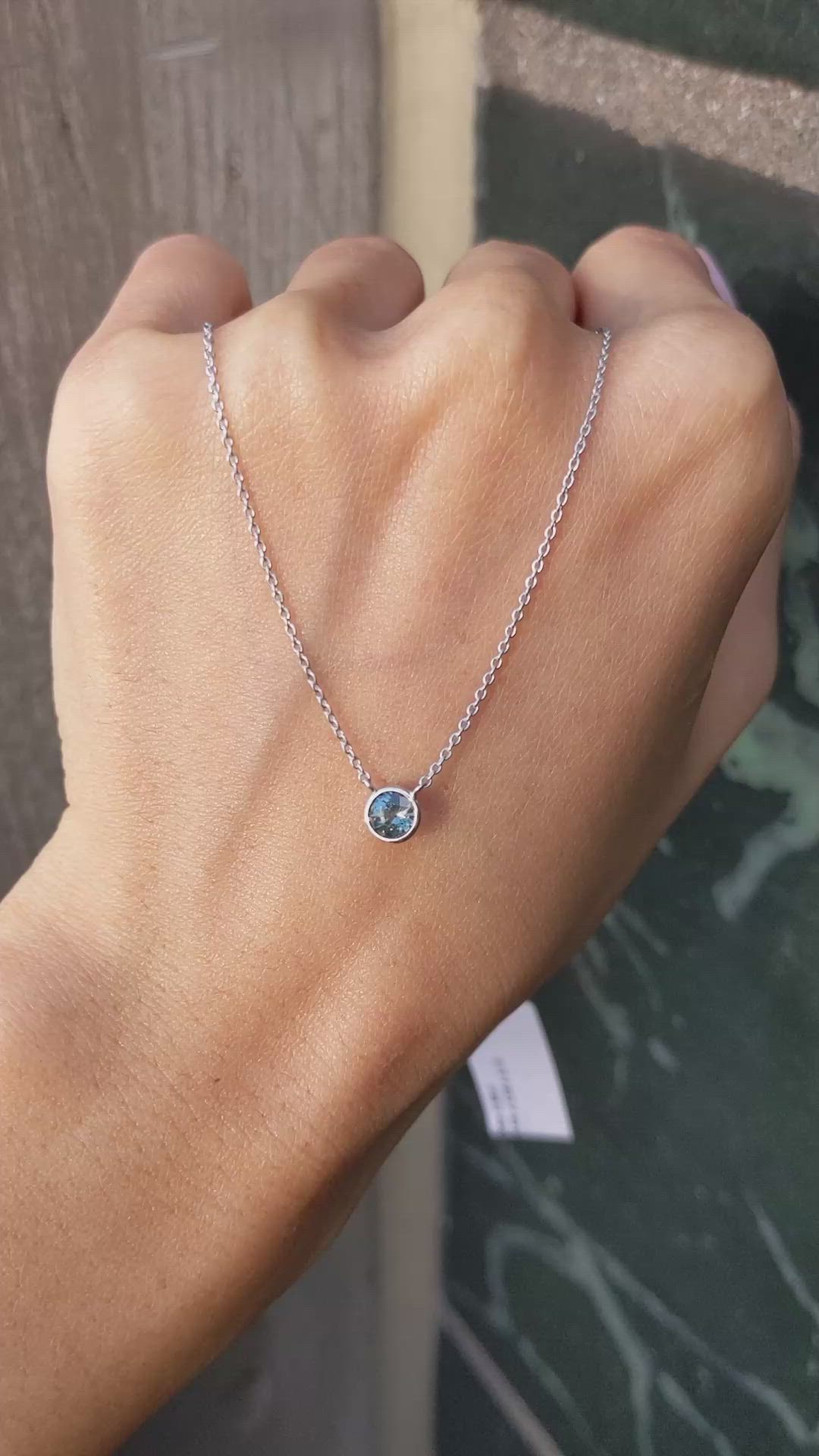 0.50 Ct. Greenish Blue Sapphire Bezel Necklace, 14K White Gold Size Video