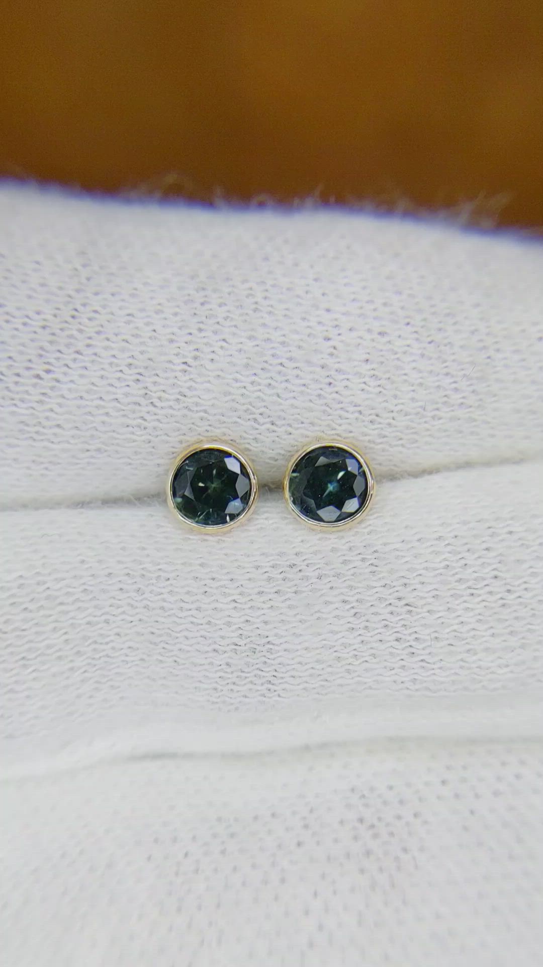0.80 Ct.Tw. Bluish Green Sapphire Studs Earrings, 14K Yellow Gold Size Video