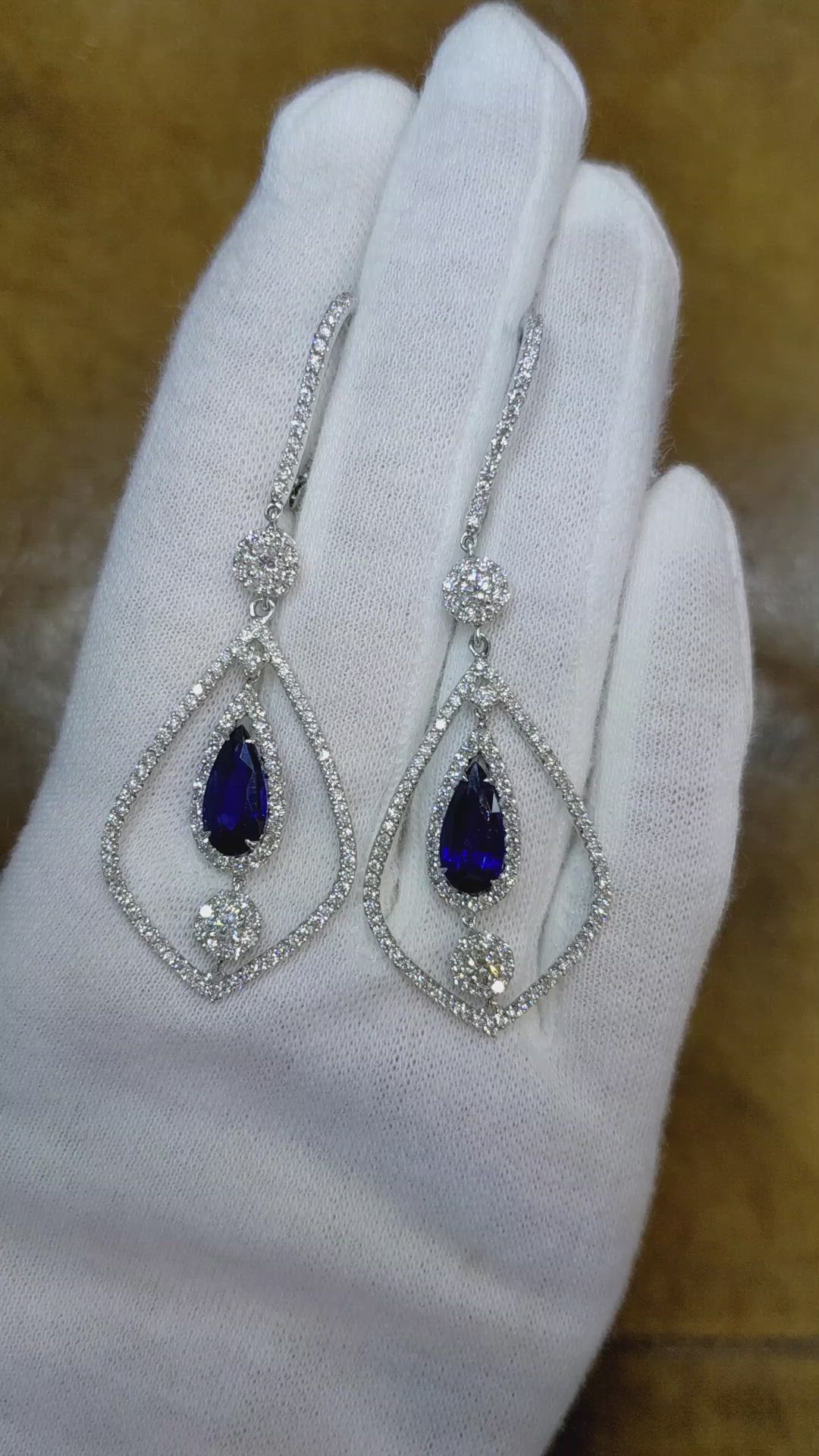 5.71 Ct.Tw. Blue Sapphire and Natural Diamond Accent Stones Earrings, 18K White Gold Size Video