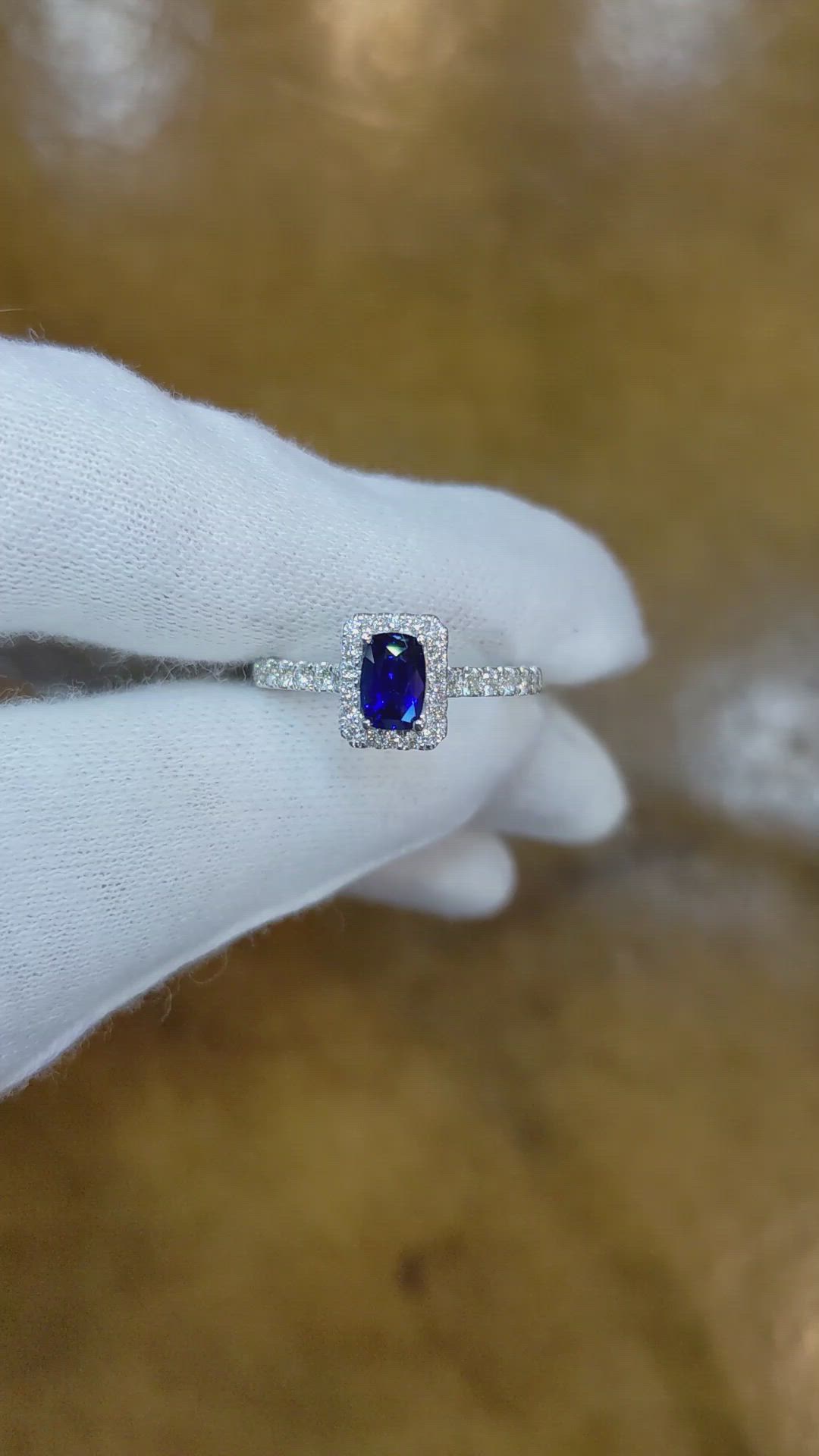 0.62 Ct. Blue Sapphire and Natural Diamond Pave Ring, 18K White Gold Size Video