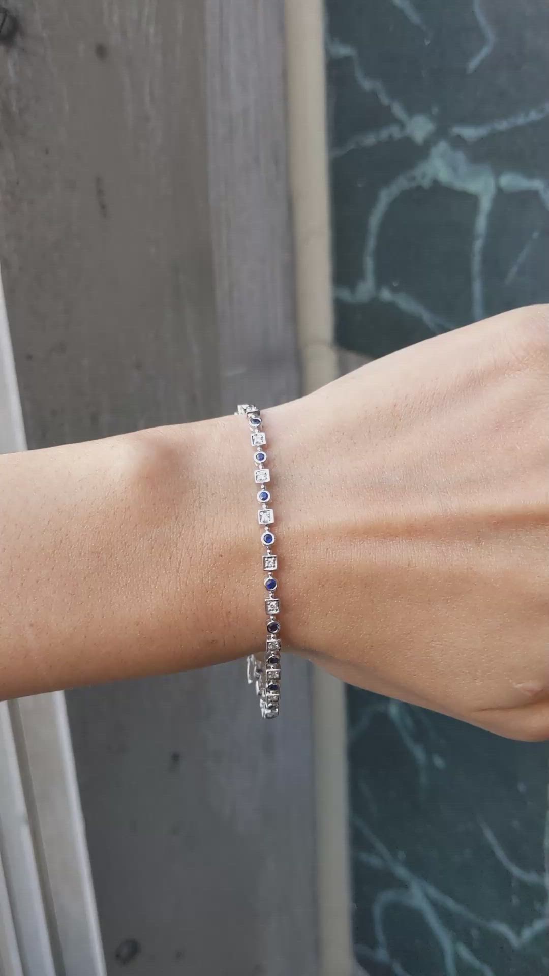 0.62&nbsp;Ct.Tw.Total Carat Weight Blue Sapphire and Natural Diamond Bezel Bracelet, 14K White Gold Size Video