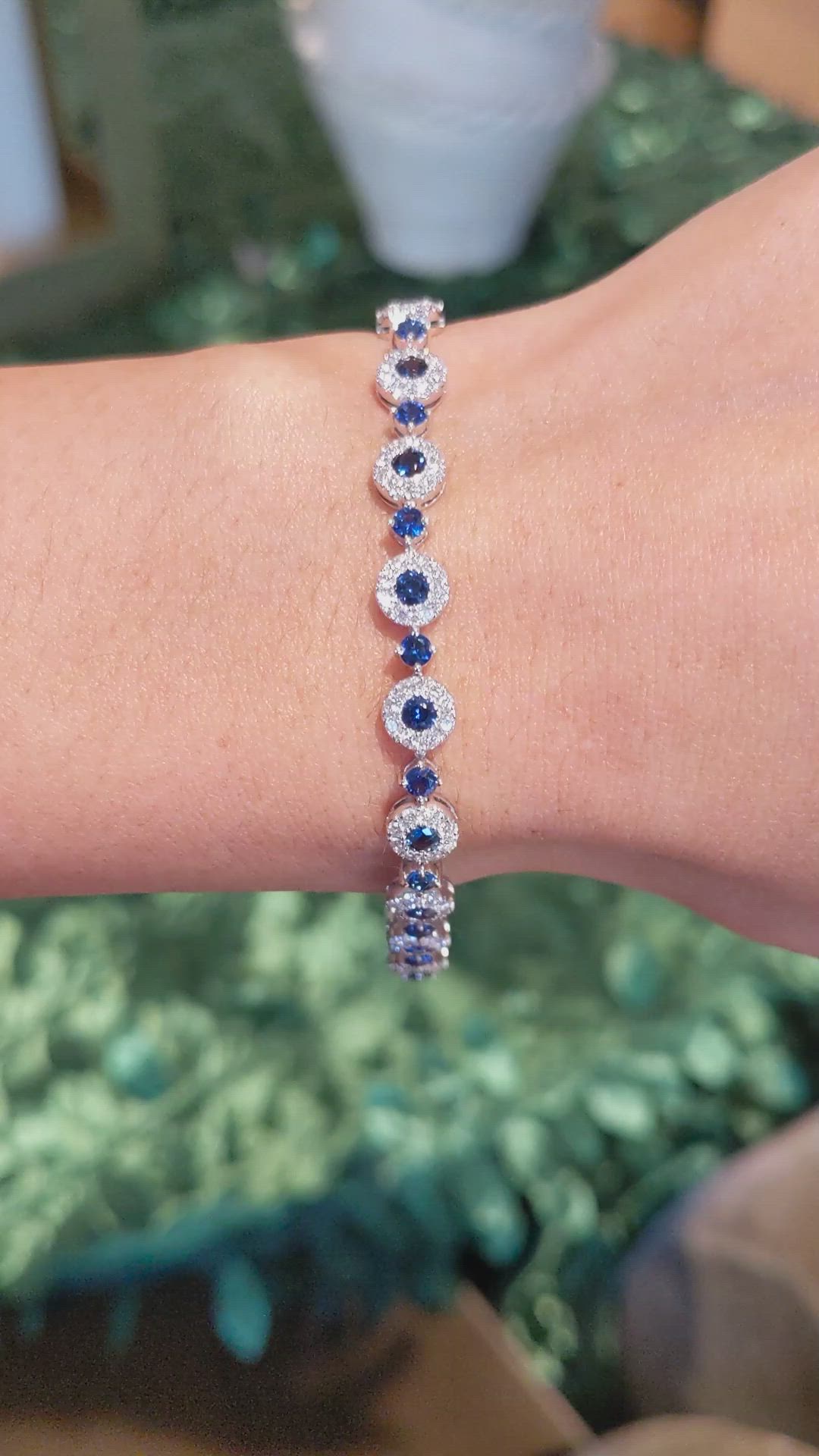 3.69 Ct.Tw.Total Carat Weight Blue Sapphire and Natural Diamond Pave Bracelet, 14K White Gold Size Video
