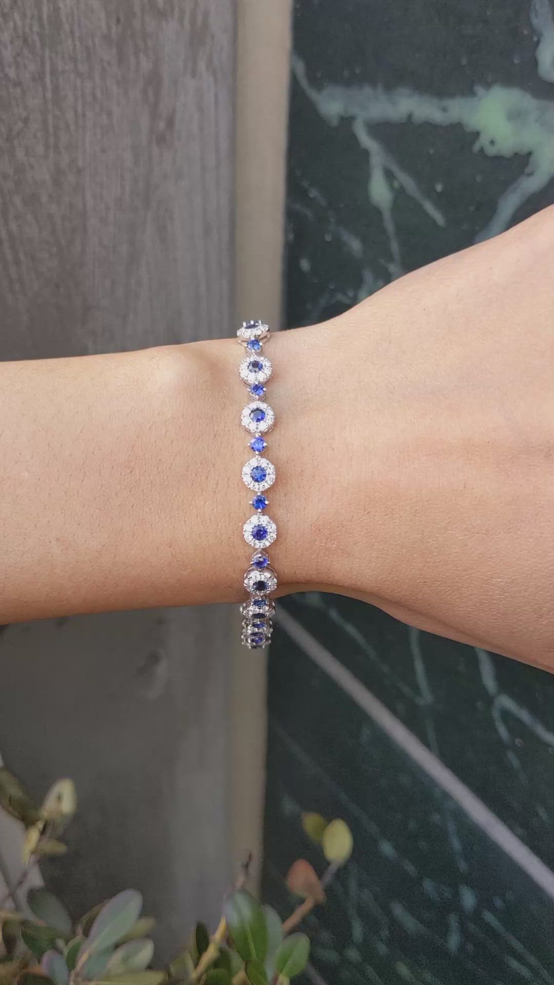 3.69 Ct.Tw.Total Carat Weight Blue Sapphire and Natural Diamond Pave Bracelet, 14K White Gold Size Video
