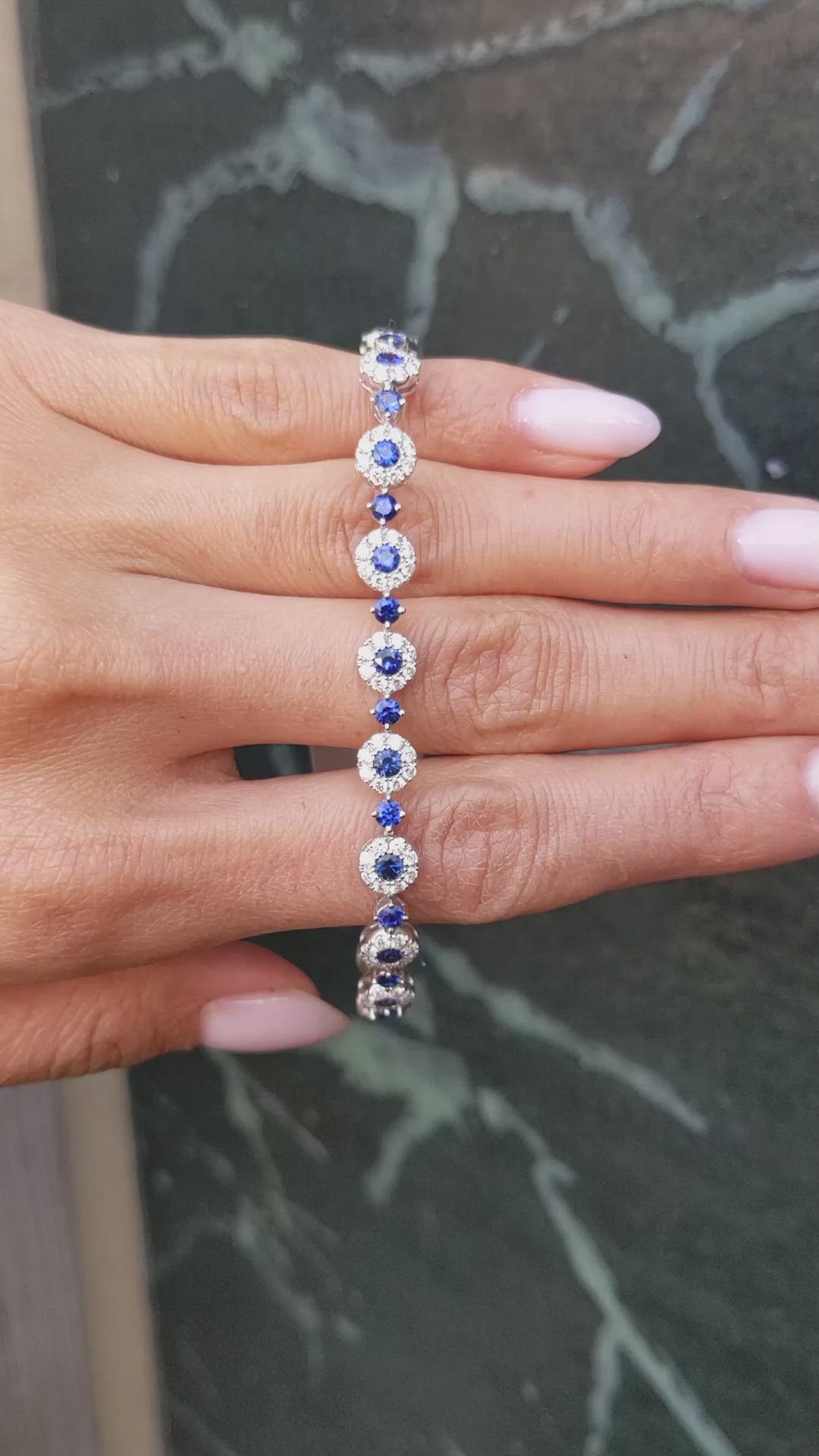 3.69 Ct.Tw.Total Carat Weight Blue Sapphire and Natural Diamond Pave Bracelet, 14K White Gold Size Video