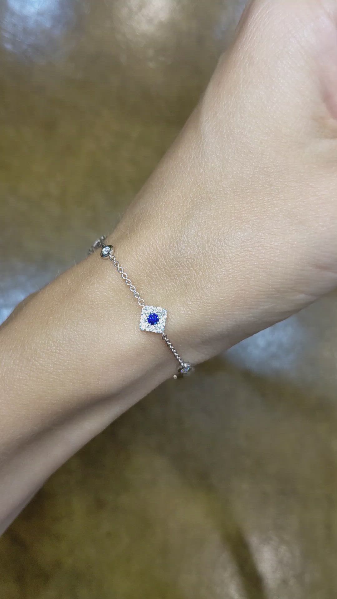 0.18 Ct.Tw. Blue Sapphire and Natural Diamond Halo Bracelet, 14K White Gold Size Video