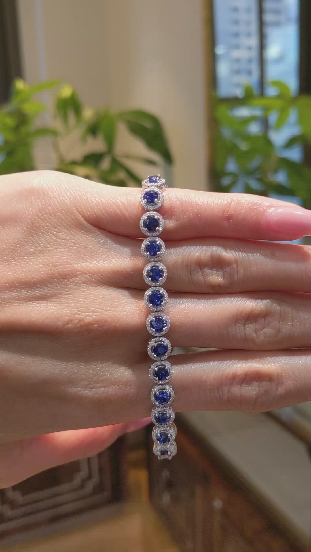 6.50&nbsp;Ct.Tw.Total Carat Weight Blue Sapphire and Natural Diamond Pave Bracelet, 14K White Gold Size Video