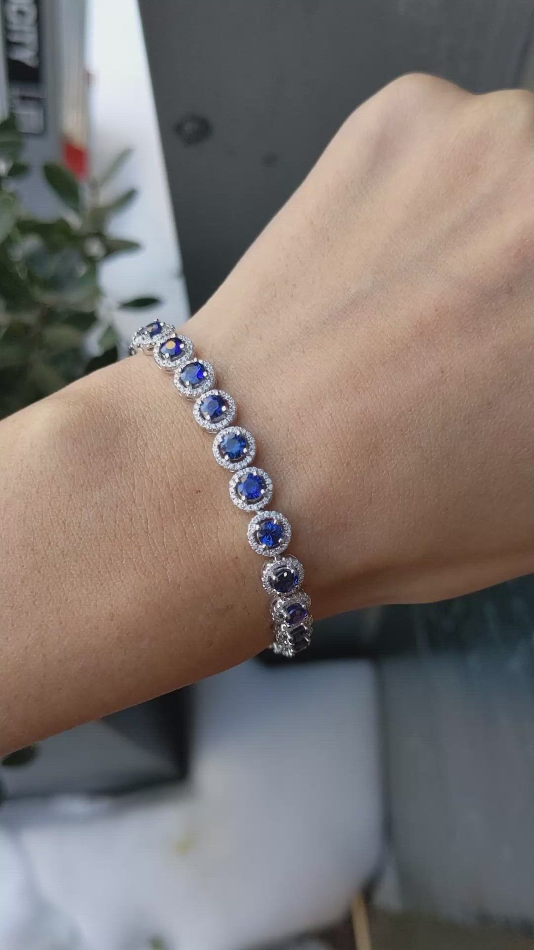 6.50&nbsp;Ct.Tw.Total Carat Weight Blue Sapphire and Natural Diamond Pave Bracelet, 14K White Gold Size Video