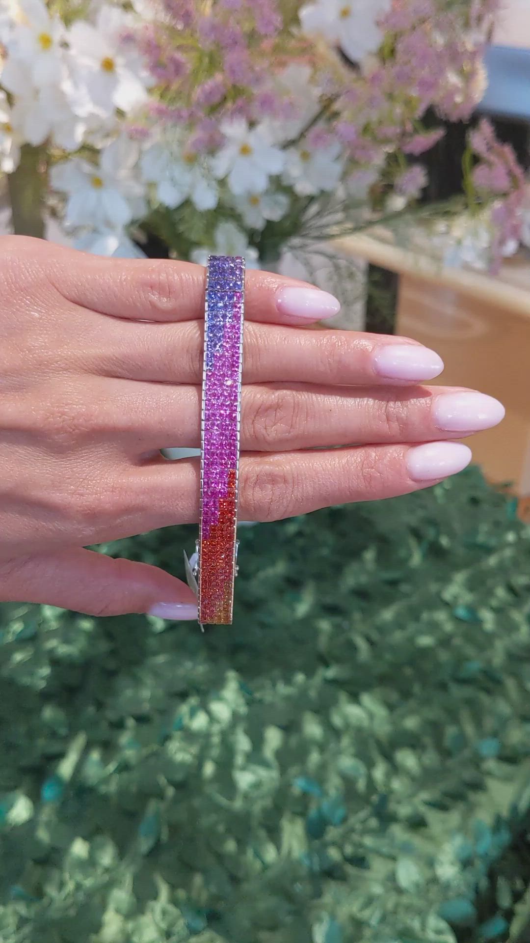 26.78&nbsp;Ct.Tw.Total Carat Weight Multi Color Sapphire Tennis/Line Bracelet, 18K White Gold Size Video