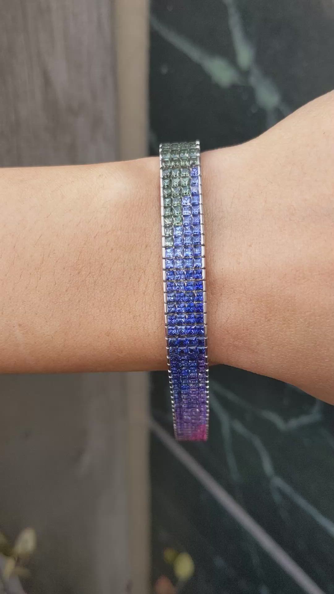 26.78&nbsp;Ct.Tw.Total Carat Weight Multi Color Sapphire Tennis/Line Bracelet, 18K White Gold Size Video