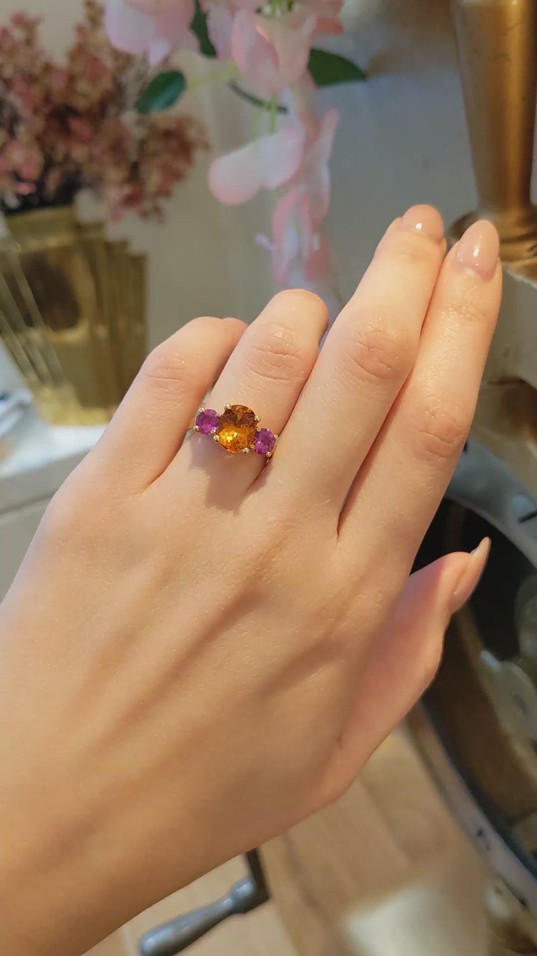 3.14 Ct. Orange Sapphire and Pink Sapphire Three Stone Ring, 18K Yellow Gold Size Video