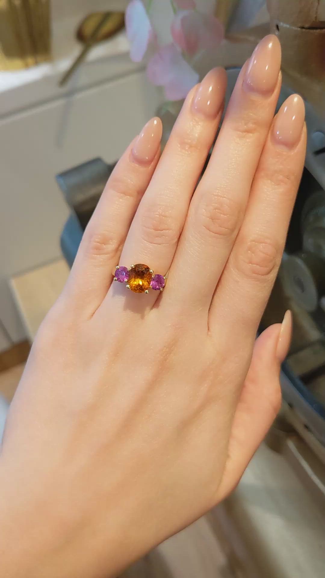 3.14 Ct. Orange Sapphire and Pink Sapphire Three Stone Ring, 18K Yellow Gold Size Video