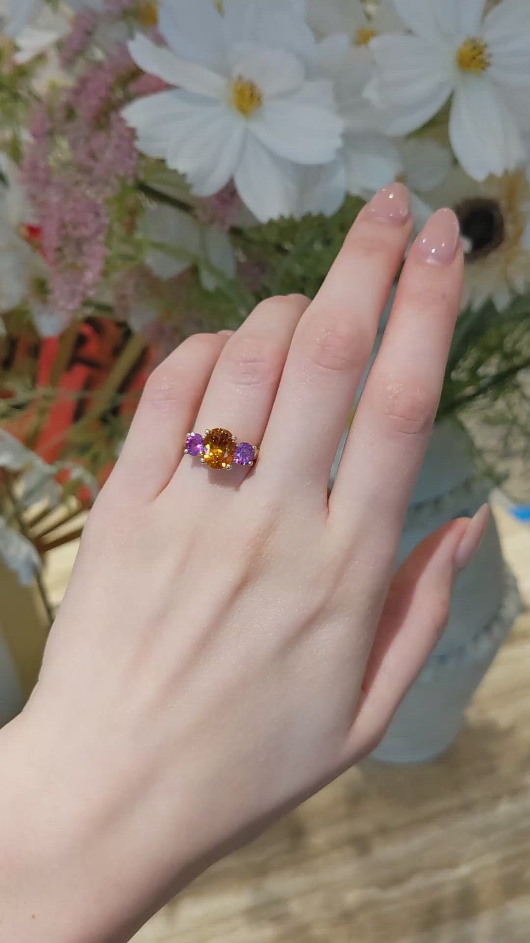 3.14 Ct. Orange Sapphire and Pink Sapphire Three Stone Ring, 18K Yellow Gold Size Video