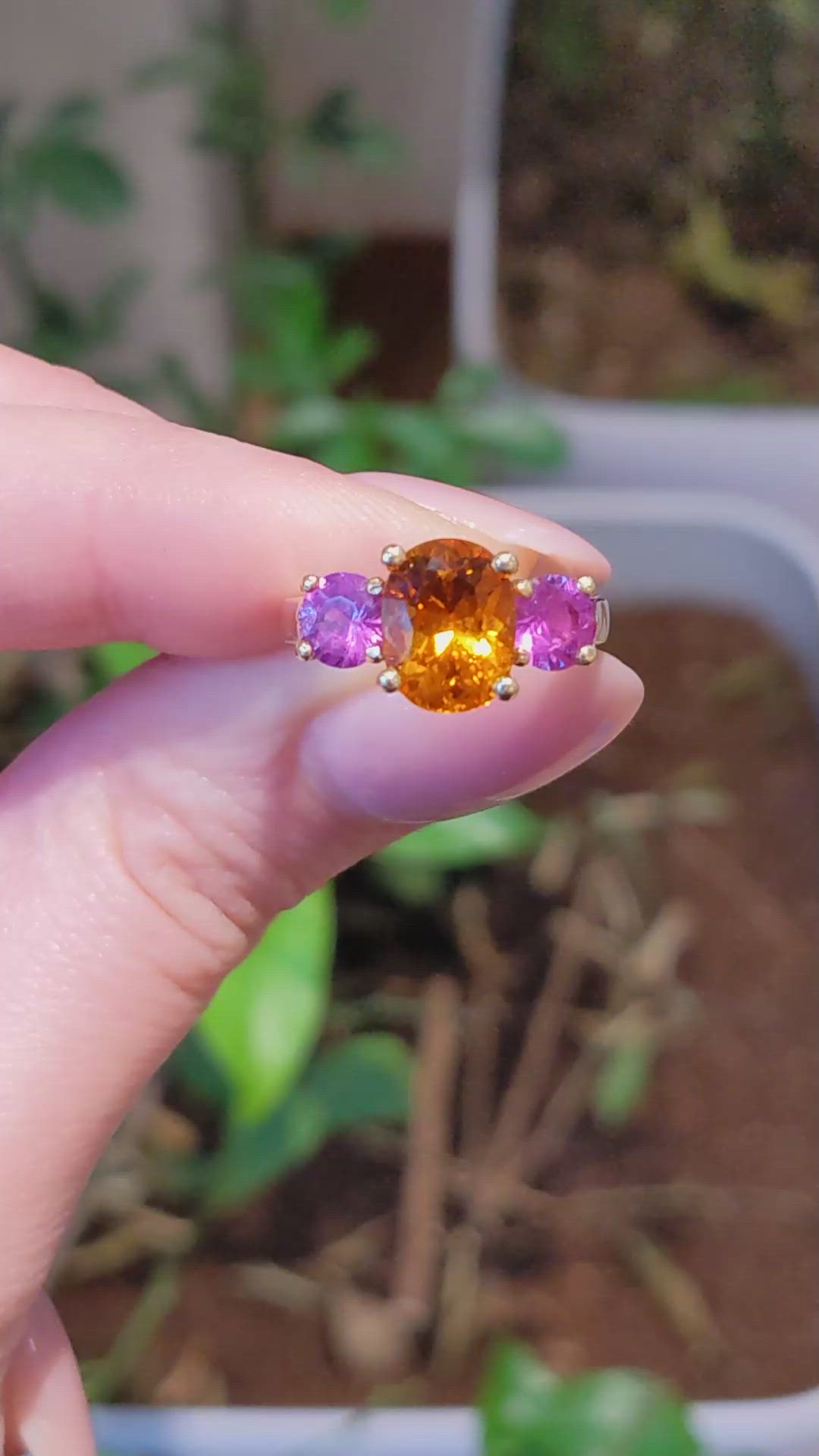 3.14 Ct. Orange Sapphire and Pink Sapphire Three Stone Ring, 18K Yellow Gold Size Video
