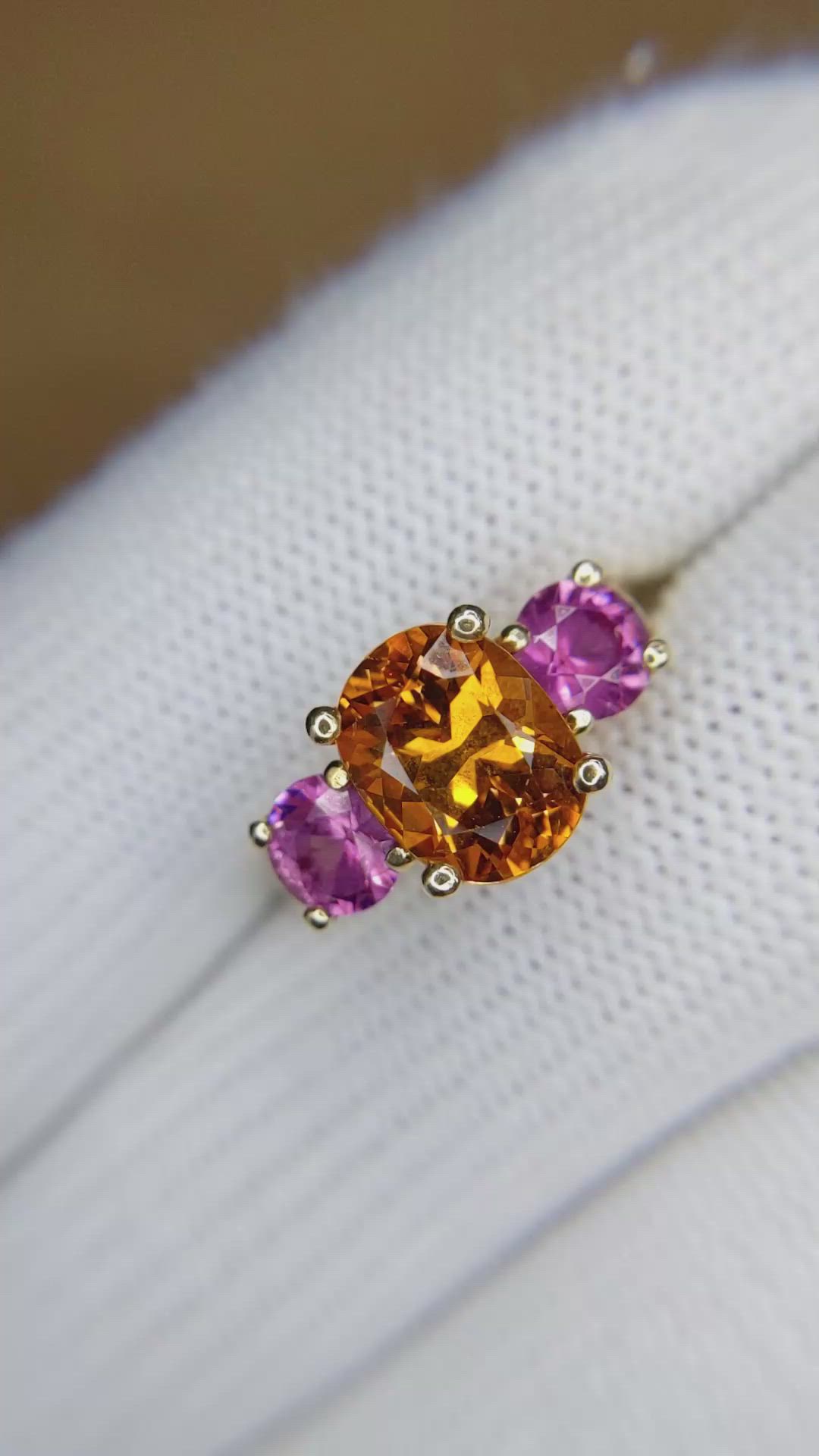 3.14 Ct. Orange Sapphire and Pink Sapphire Three Stone Ring, 18K Yellow Gold Size Video