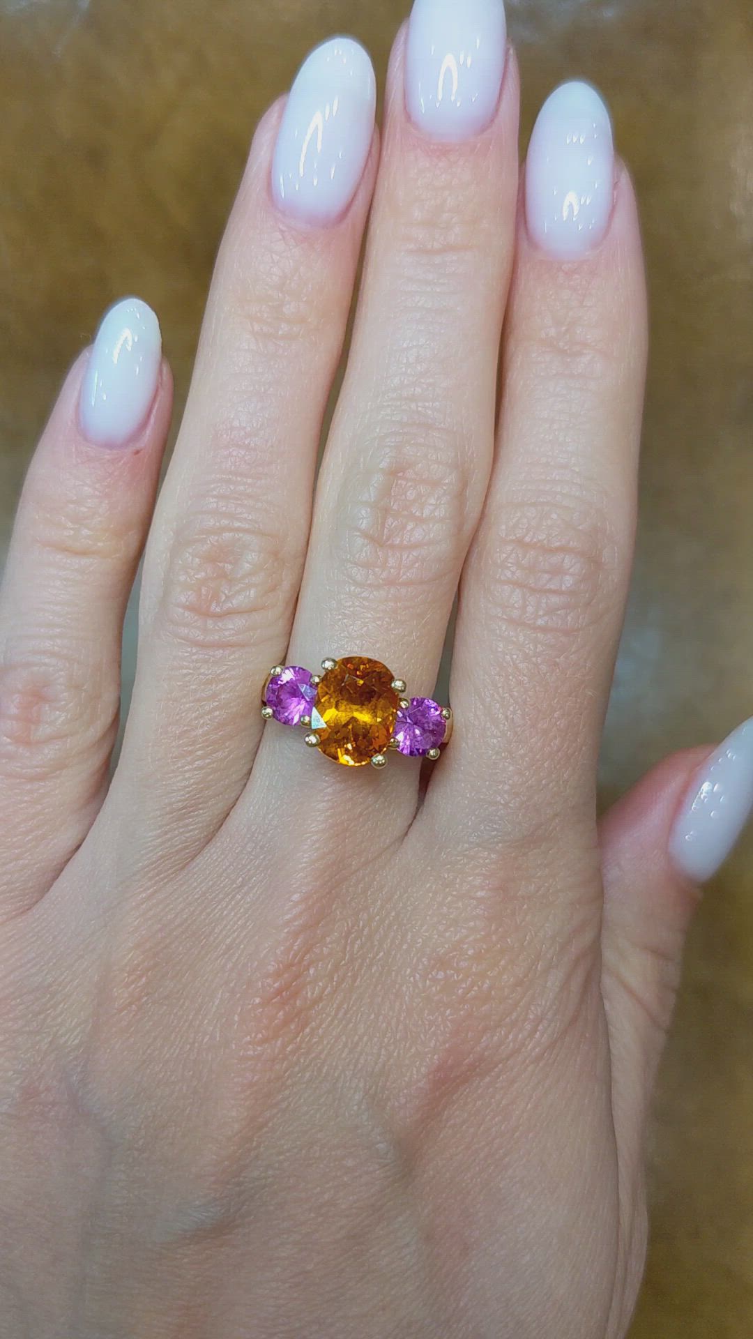 3.14 Ct. Orange Sapphire and Pink Sapphire Three Stone Ring, 18K Yellow Gold Size Video