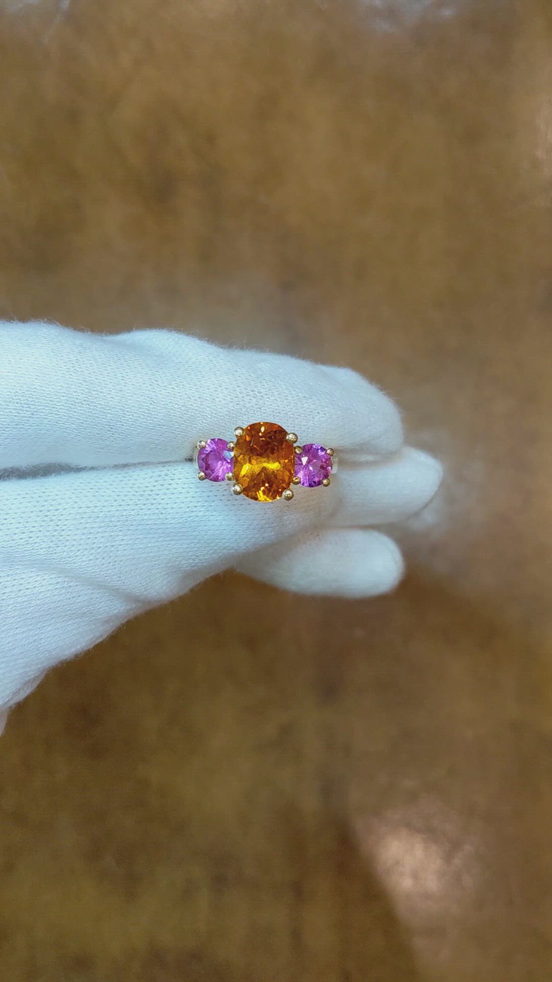 3.14 Ct. Orange Sapphire and Pink Sapphire Three Stone Ring, 18K Yellow Gold Size Video