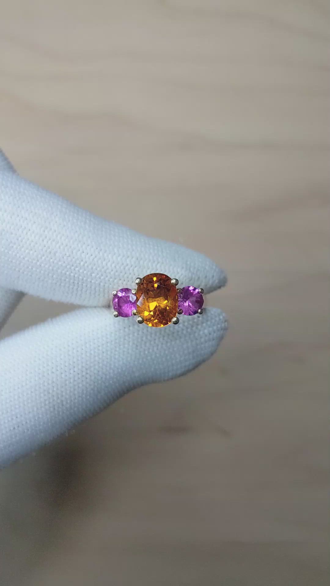 3.14 Ct. Orange Sapphire and Pink Sapphire Three Stone Ring, 18K Yellow Gold Size Video