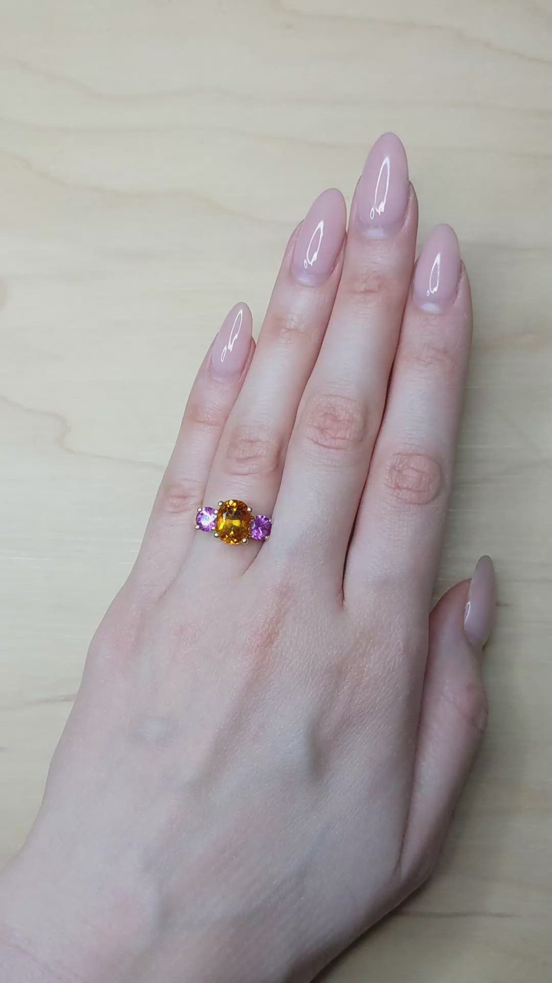 3.14 Ct. Orange Sapphire and Pink Sapphire Three Stone Ring, 18K Yellow Gold Size Video
