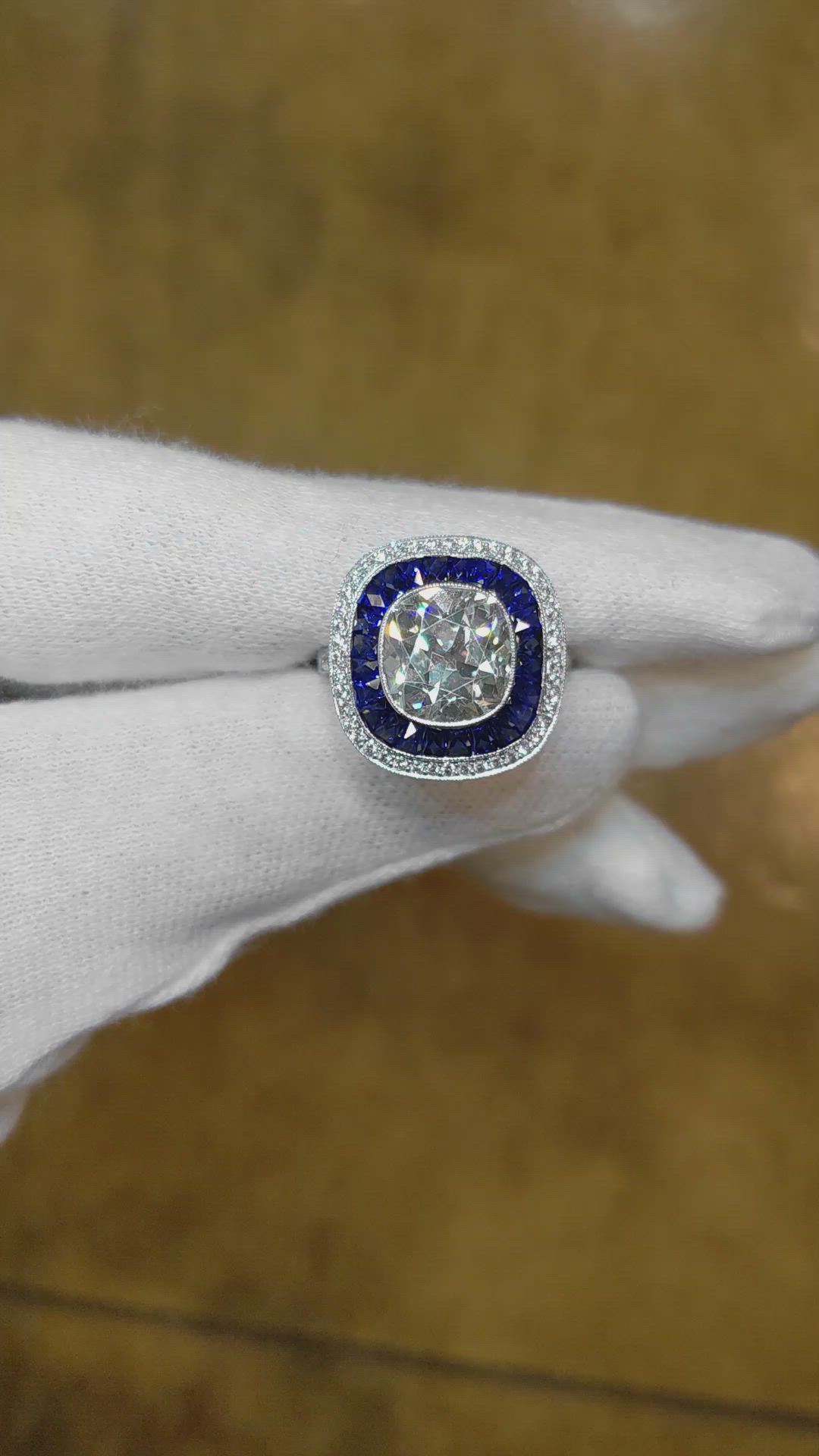 1.25 Ct. Blue Sapphire and Natural Diamond Halo Ring, Platinum 950 Size Video