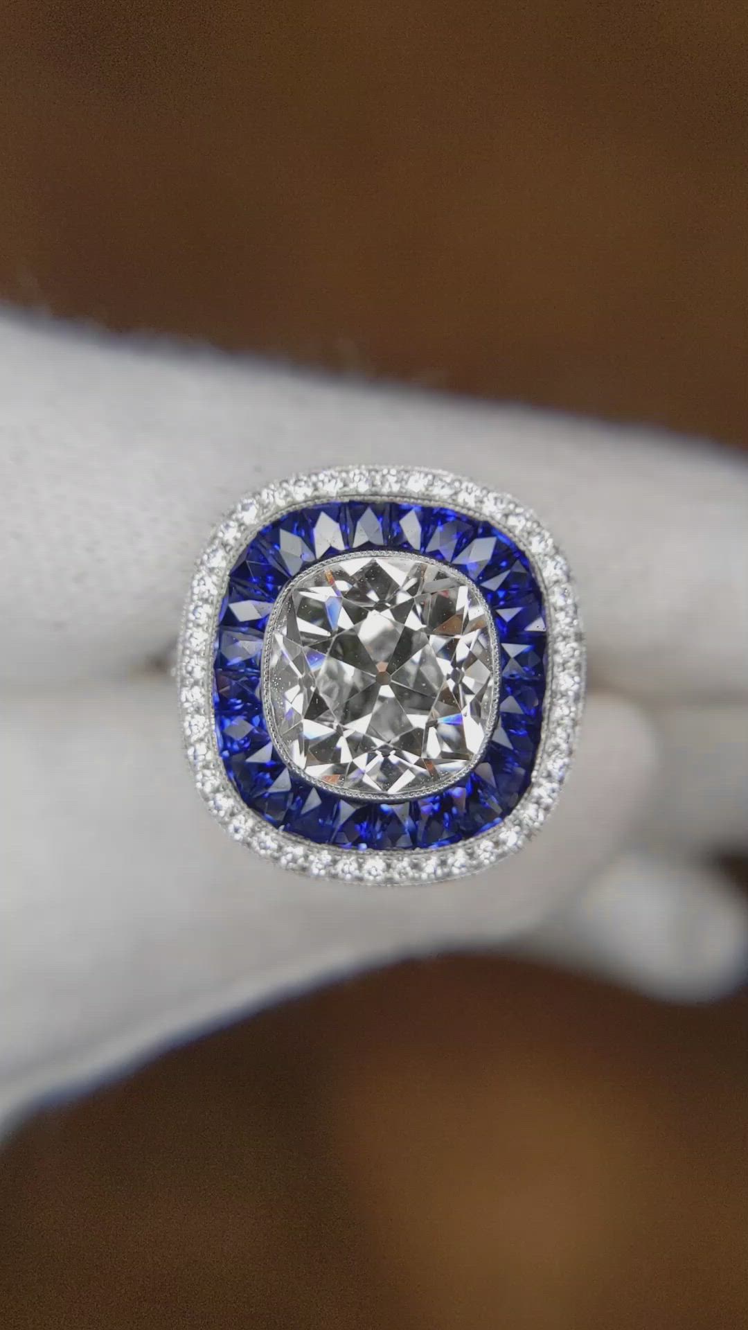 1.25 Ct. Blue Sapphire and Natural Diamond Halo Ring, Platinum 950 Size Video