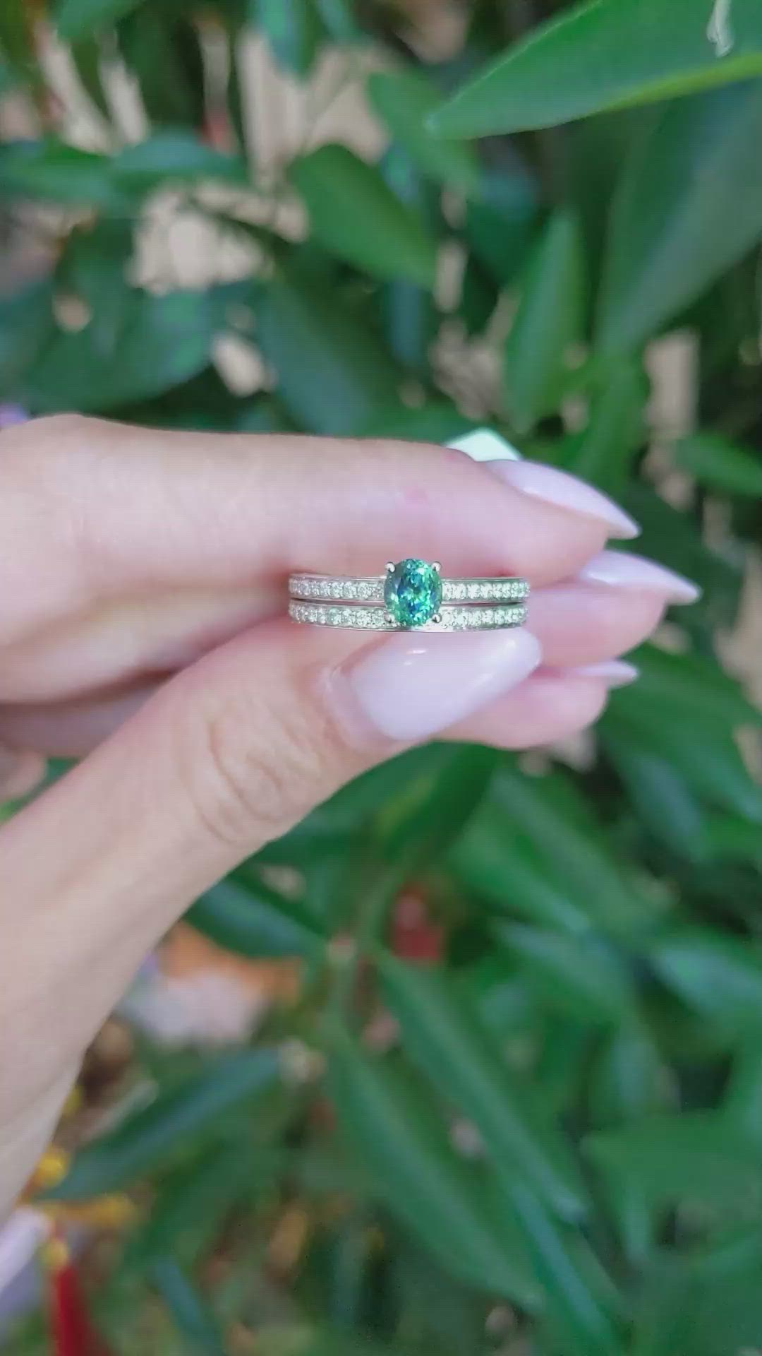 0.58 Ct. Greenish Blue Sapphire and Natural Diamond Pave Ring, 14K White Gold Size Video