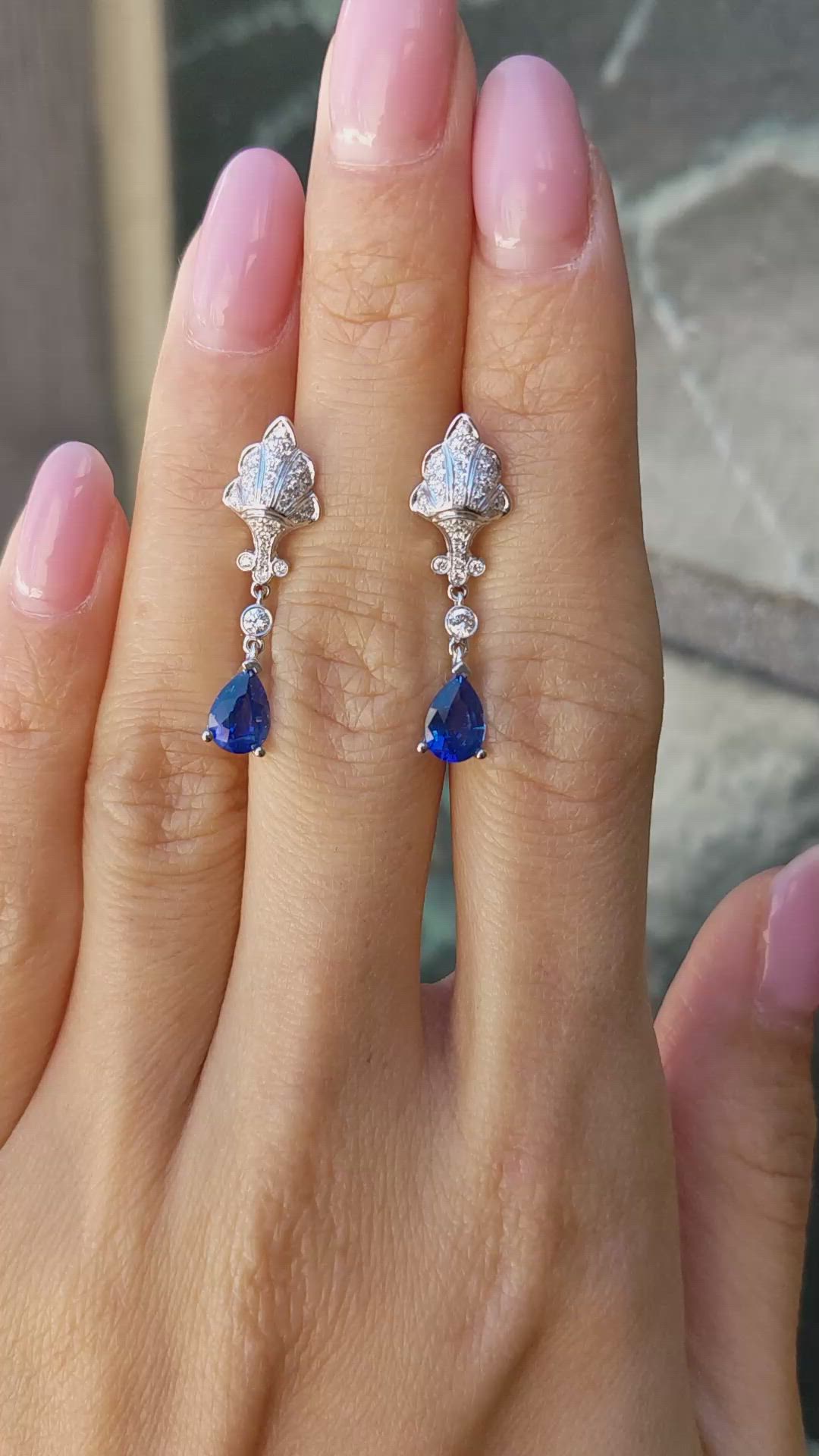 1.60&nbsp;Ct.Tw.Total Carat Weight Blue Sapphire and Natural Diamond Drops Earrings, 14K White Gold Size Video