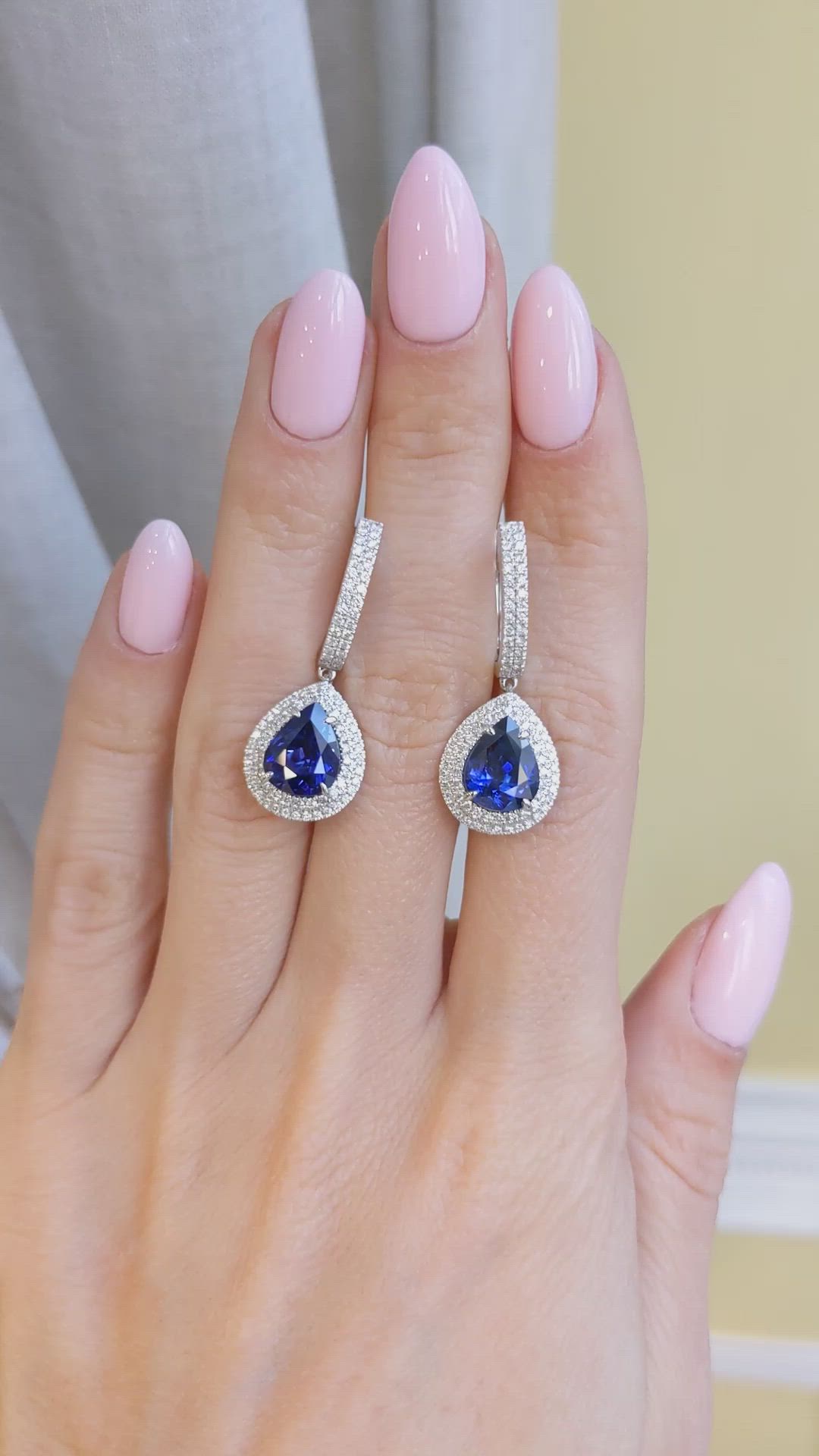 5.37 Ct.Tw. Blue Sapphire and Natural Diamond Pave Earrings, 18K White Gold Size Video