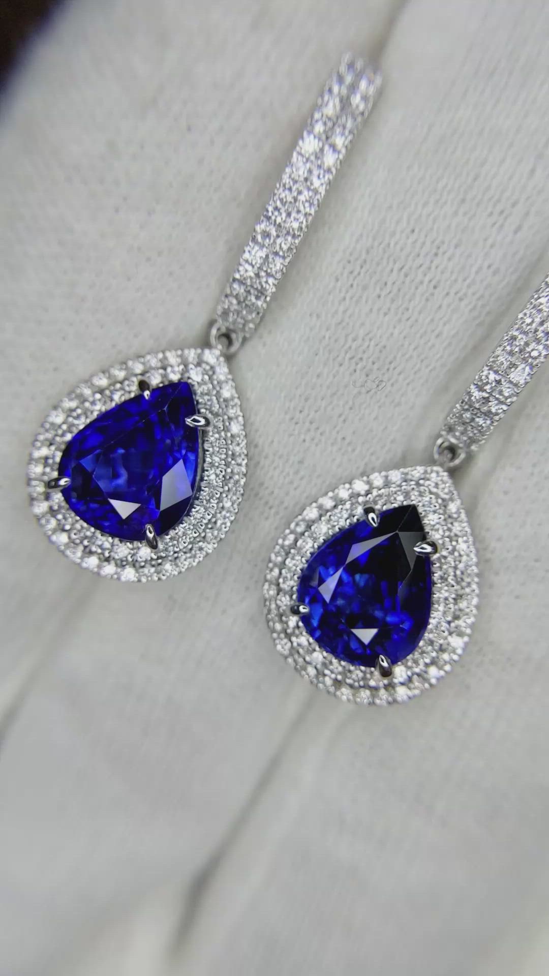 5.37 Ct.Tw. Blue Sapphire and Natural Diamond Pave Earrings, 18K White Gold Size Video