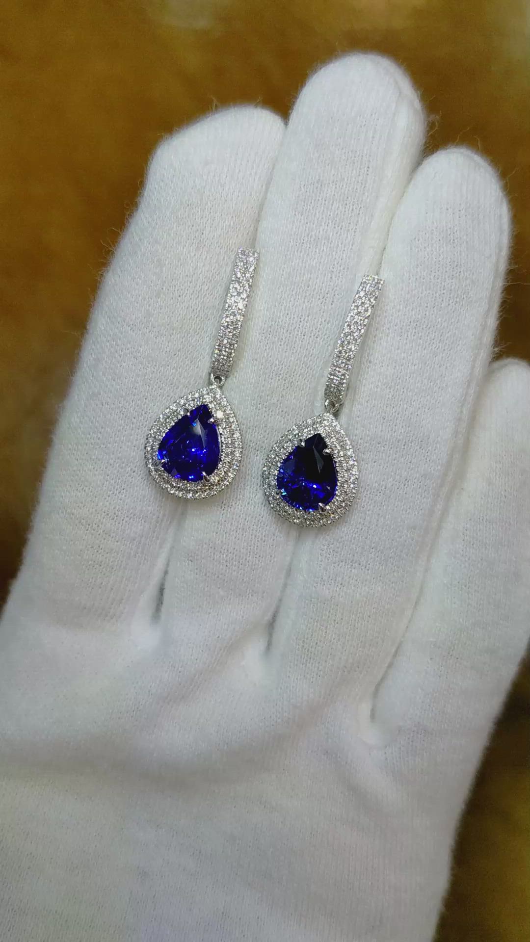 5.37 Ct.Tw. Blue Sapphire and Natural Diamond Pave Earrings, 18K White Gold Size Video