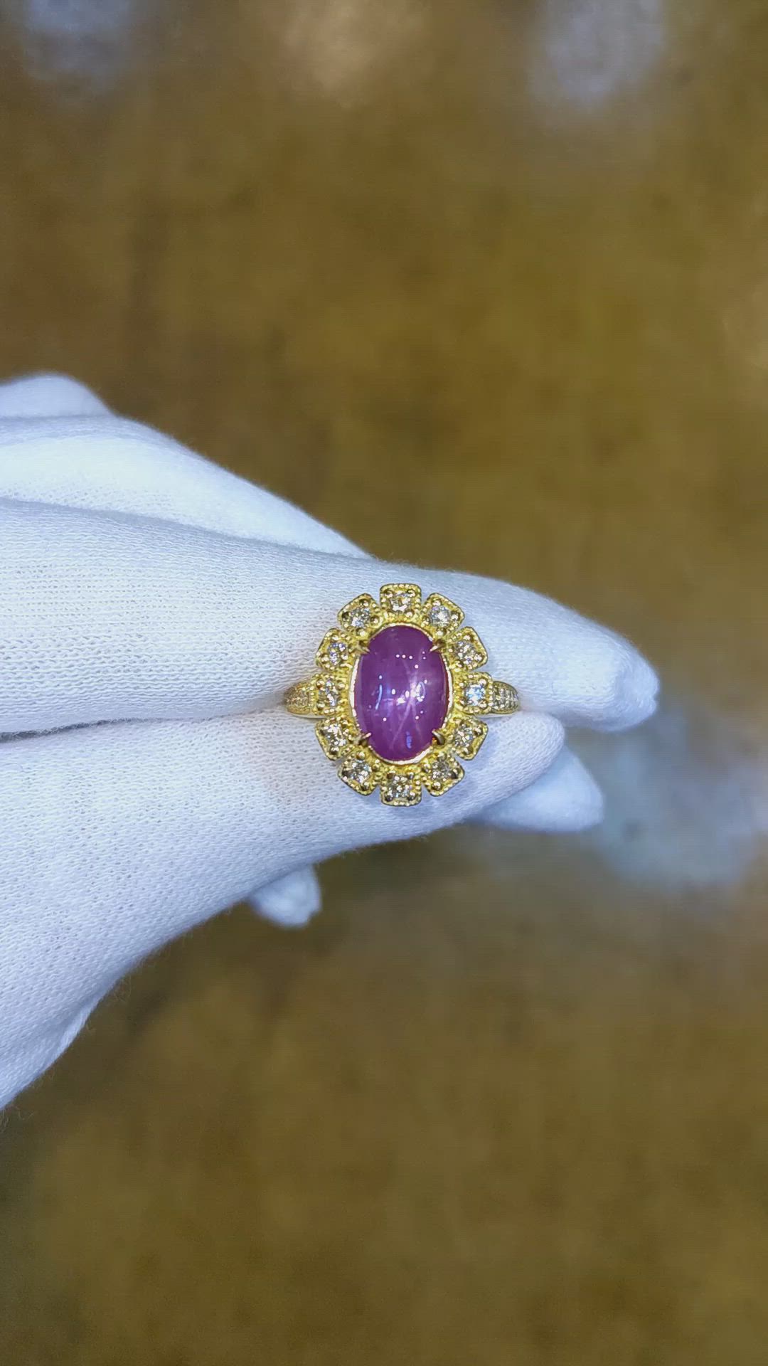 4.15 Ct. Purple Sapphire and Natural Diamond Halo Ring, 18K Yellow Gold Size Video
