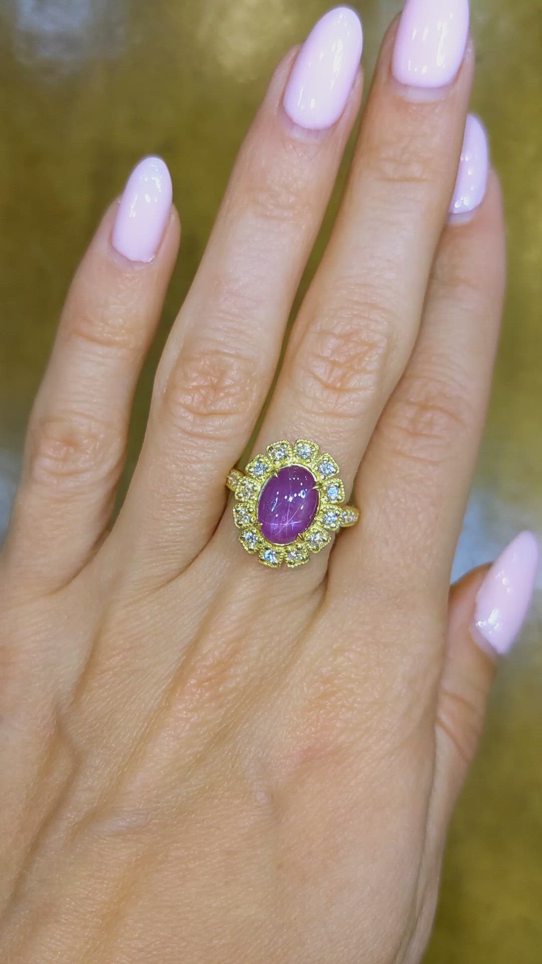 4.15 Ct. Purple Sapphire and Natural Diamond Halo Ring, 18K Yellow Gold Size Video