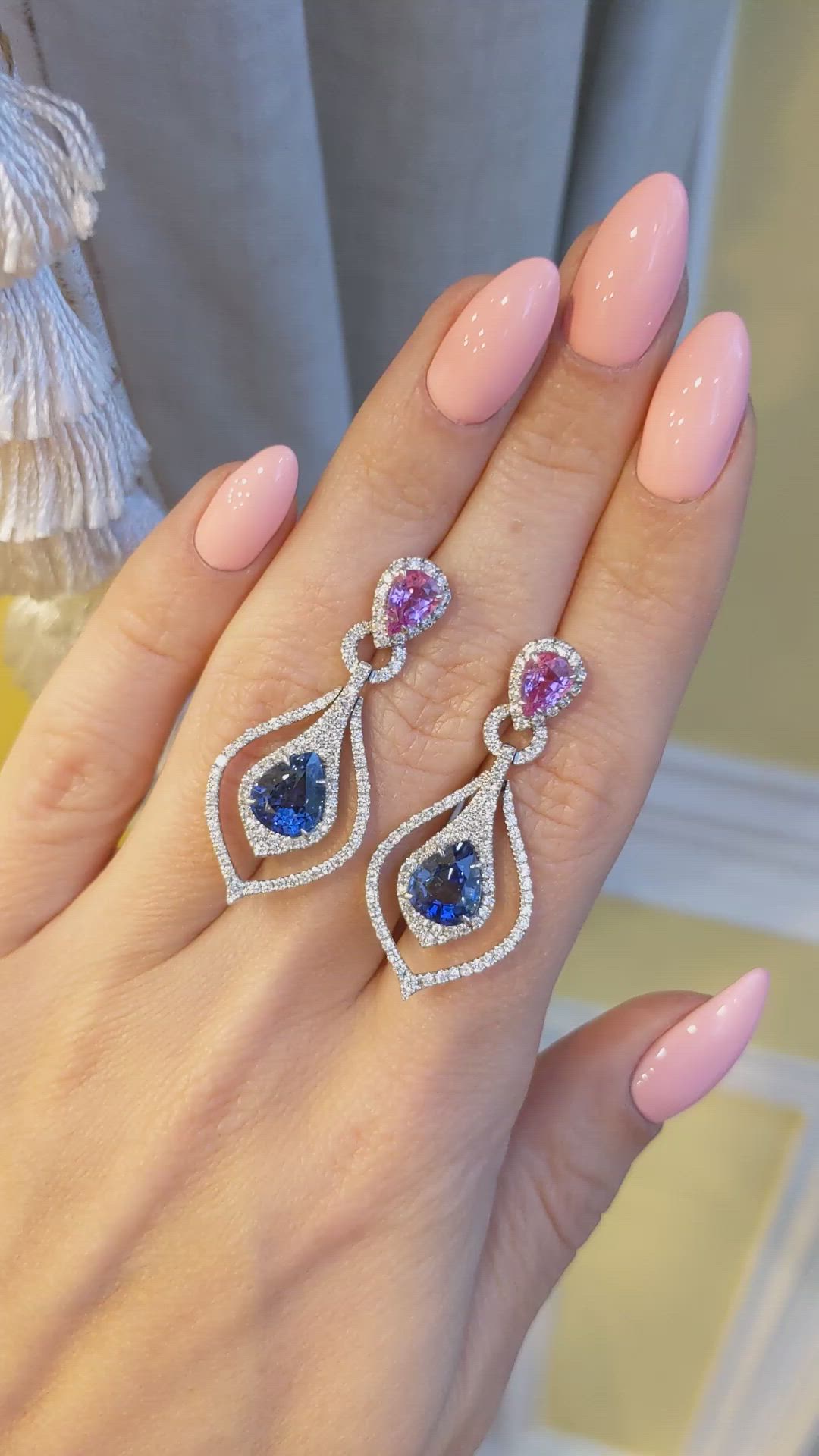 4.43 Ct.Tw. Mixed Sapphire and Natural Diamond Pave Earrings, 18K White Gold Size Video