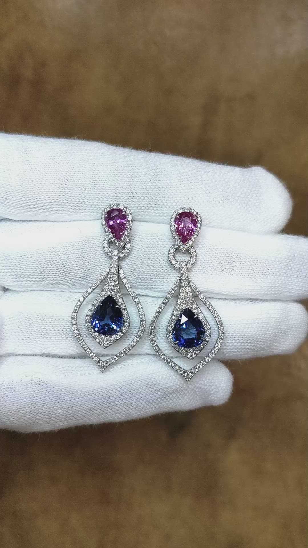 4.43 Ct.Tw. Mixed Sapphire and Natural Diamond Pave Earrings, 18K White Gold Size Video