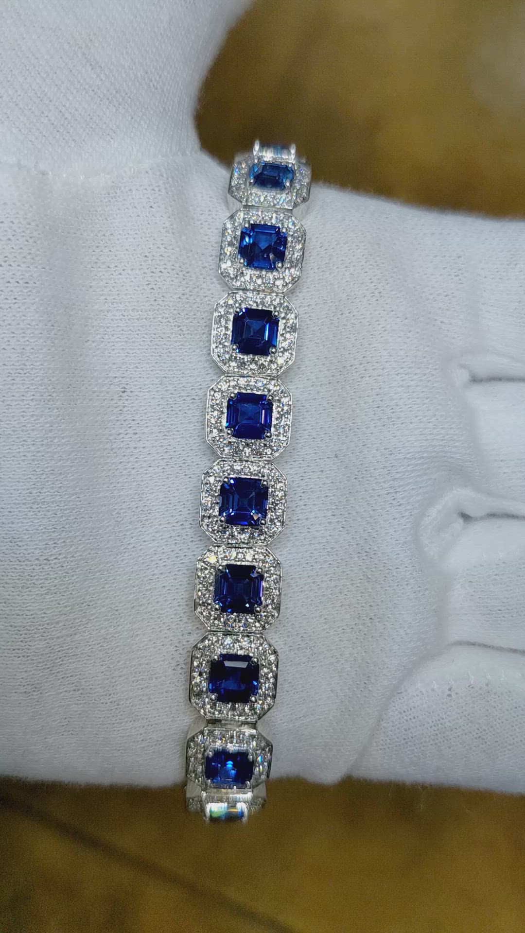 14.19 Ct.Tw. Blue Sapphire and Natural Diamond Pave Bracelet, 18K White Gold Size Video