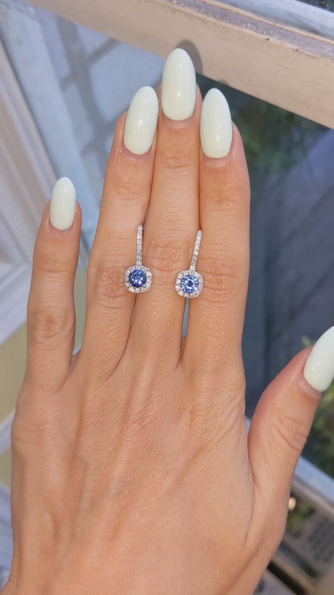 1.13 Ct.Tw. Blue Sapphire and Natural Diamond Pave Earrings, 18K White Gold Size Video