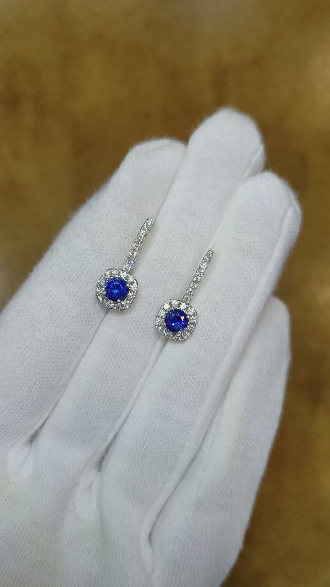 0.90 Ct.Tw. Blue Sapphire and Natural Diamond Pave Earrings, 18K White Gold Size Video