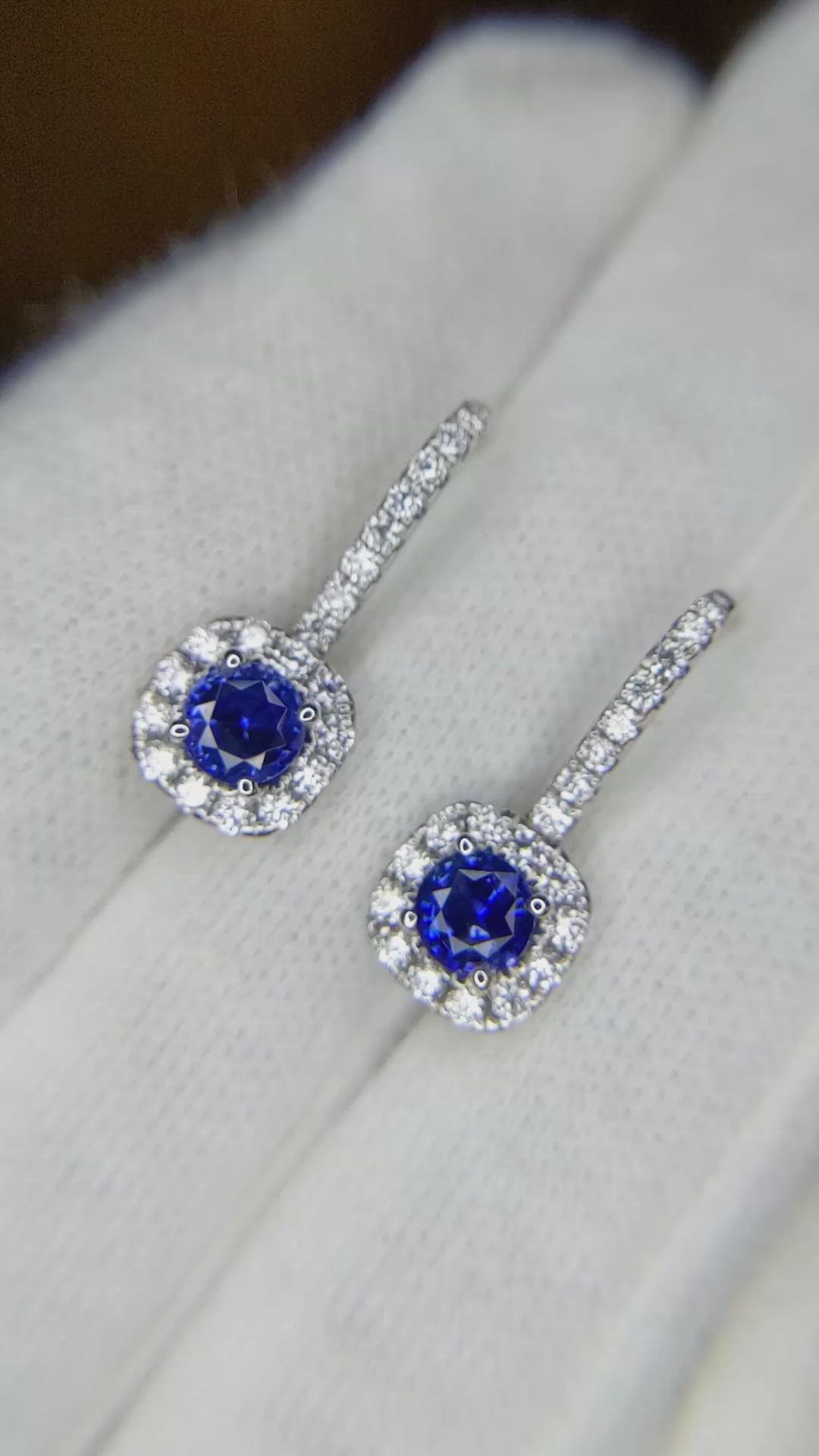0.90 Ct.Tw. Blue Sapphire and Natural Diamond Pave Earrings, 18K White Gold Size Video