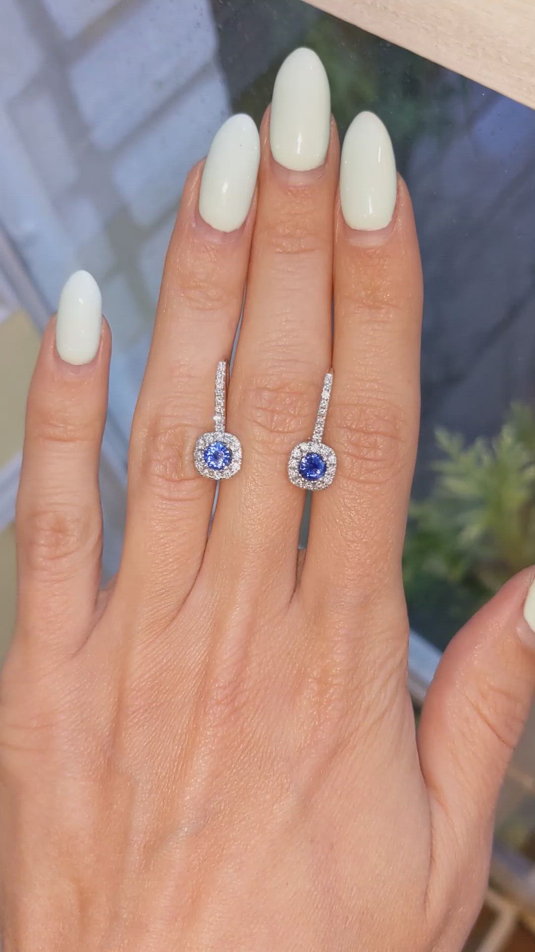 0.90 Ct.Tw. Blue Sapphire and Natural Diamond Pave Earrings, 18K White Gold Size Video