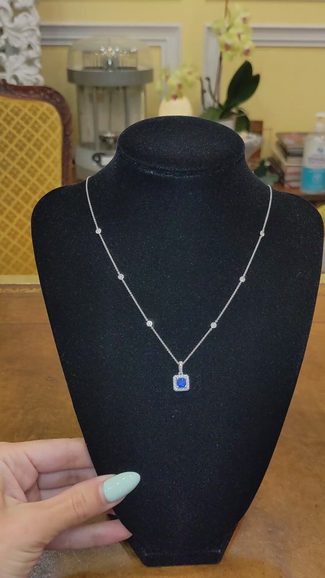0.61 Ct. Blue Sapphire and Natural Diamond Pave Pendant, 18K White Gold Size Video